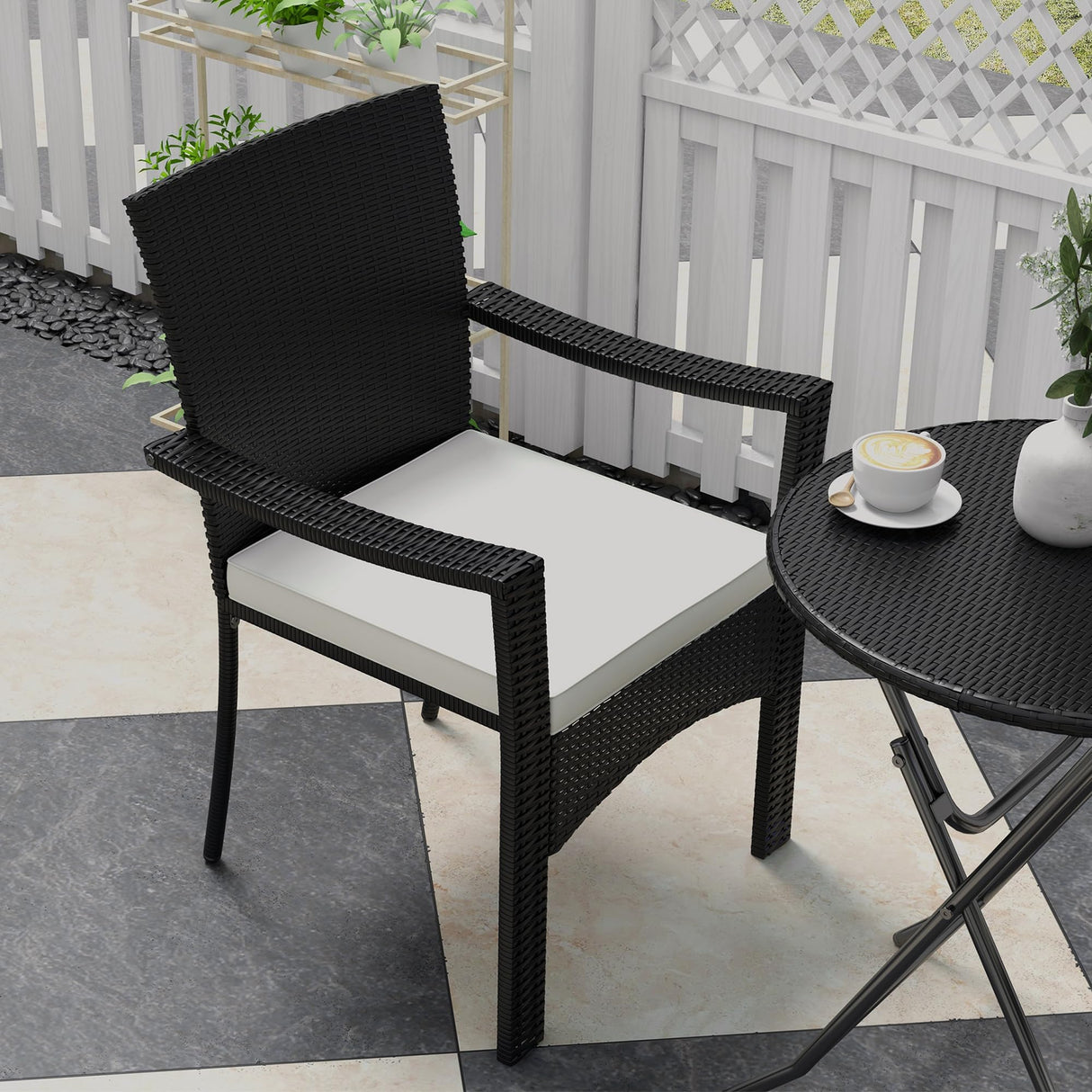 Outsunny 3 Pieces Wicker Outdoor Bistro Set, Rattan Patio Furniture Set with Folding Coffee Table, Porch Chairs with Cushions for Backyard, Balcony, Garden, White