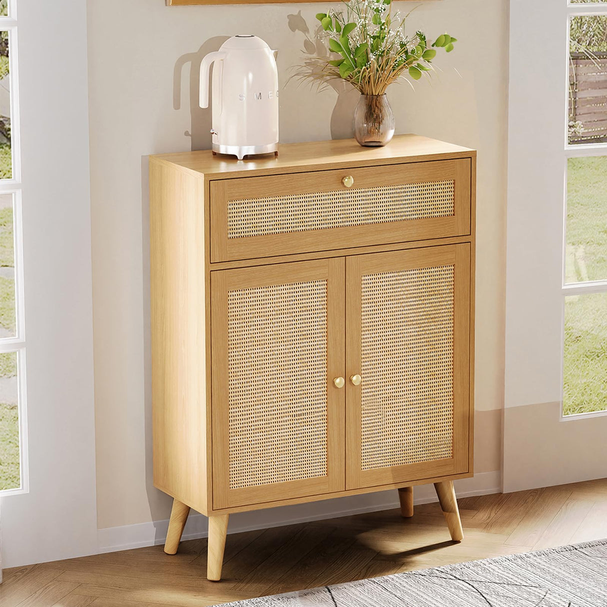 Iwell Storage Cabinet with Adjustable Shelf, Rattan Cabinet with Large Drawer, Sideboard Bufffet Cabient with Storage, Bathroom Storage Cabinet, Accent Cabinet for Entryway, Natural
