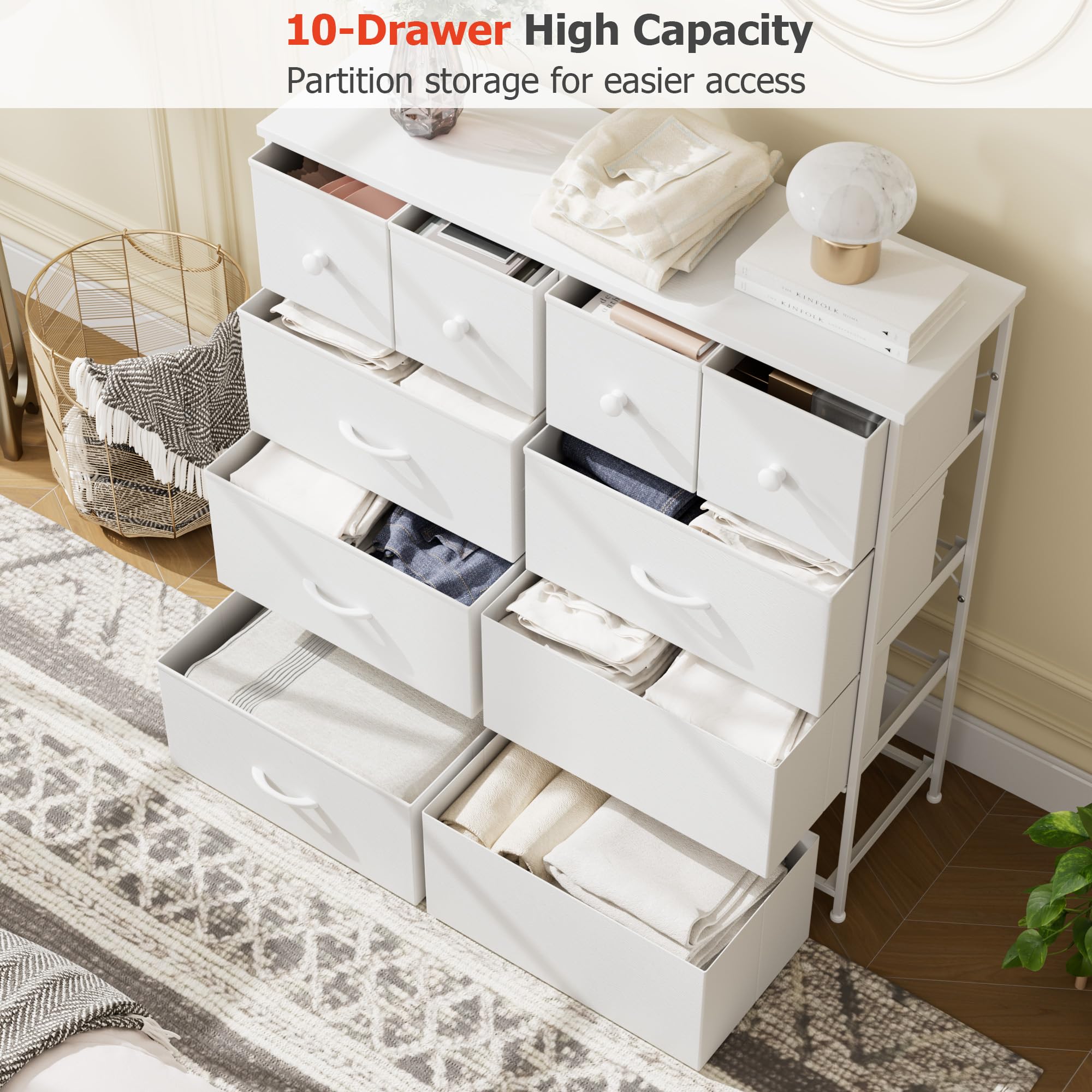 White Dresser, Dresser for Bedroom with 10 Drawers, Storage Drawer Organizer