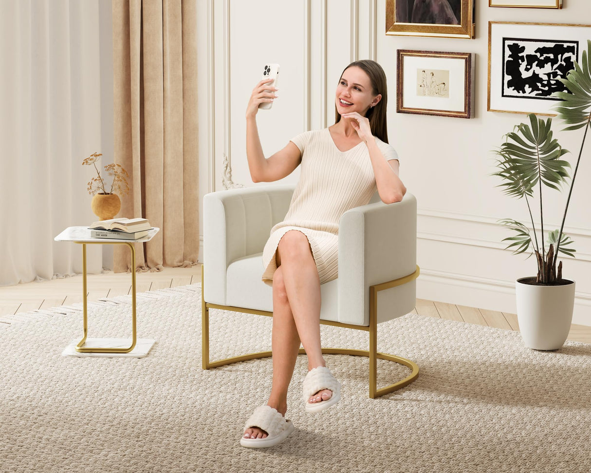 Velvet Accent Chair Invory Modern Comfy Upholstered Barrel Chair Padded Seat