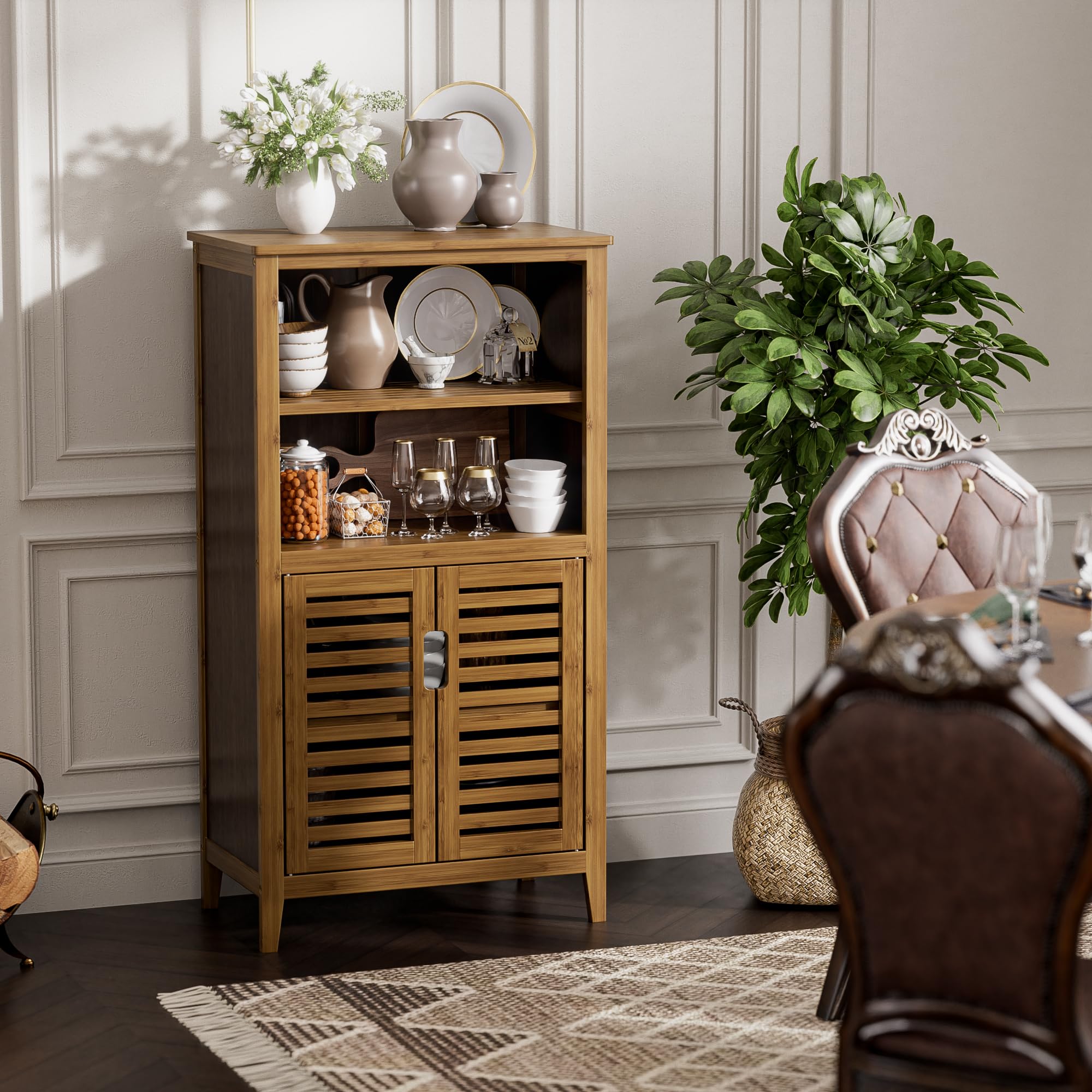 Walnut Bathroom Floor Cabinet, Bamboo Side Tall Storage Organizer
