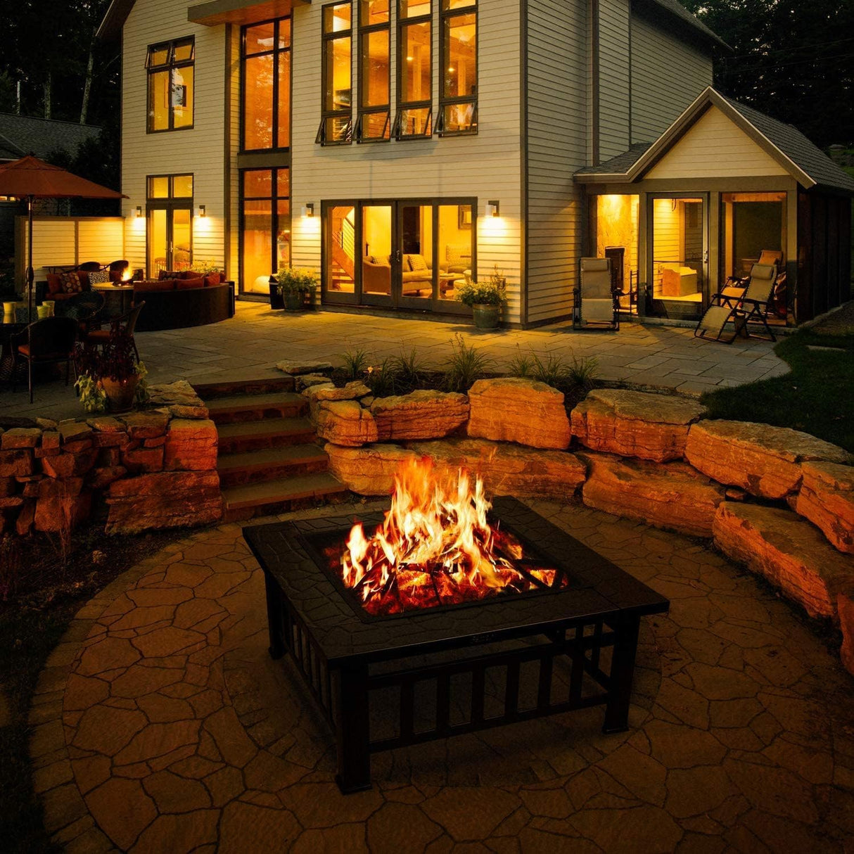 32 Inch Outdoor Metal Fire Pit, Square Wood Burning Firepit with Steel Fire Poker and Cover