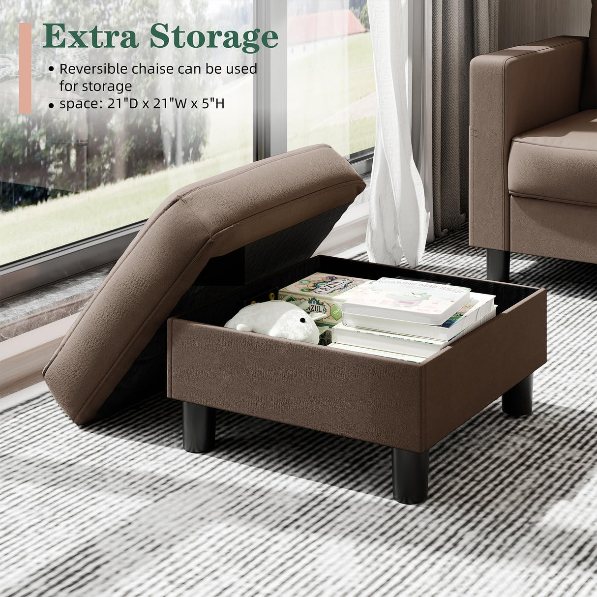 JY QAQA Convertible Sectional Sofa Couch with 3-Seat Sofa, L-Shaped Ottoman Couch with Modern Linen Fabric for Small Living Room, Apartment and Small Space(Brown