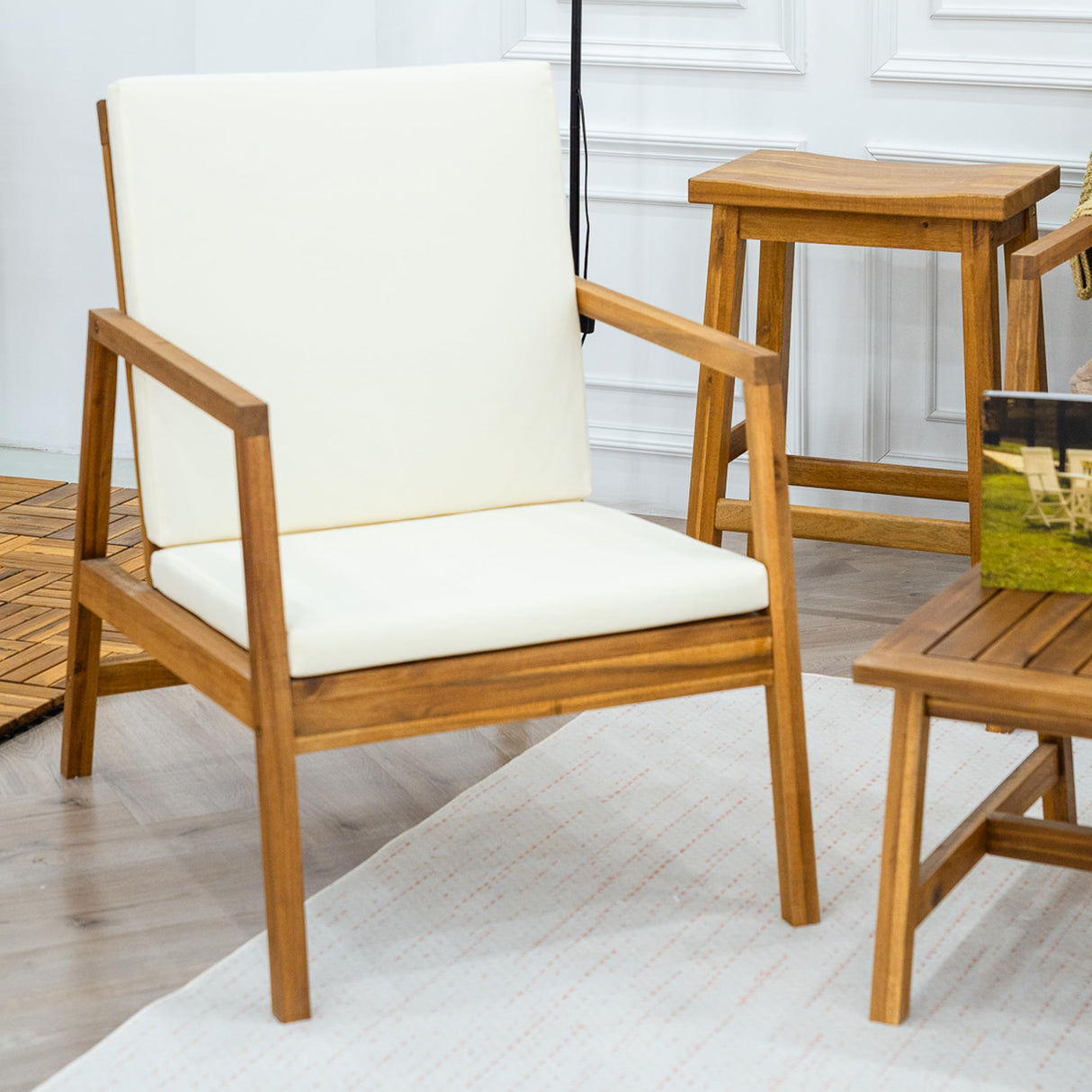 4 Piece Patio Furniture Set, Acacia Wood Sofa, Conversation