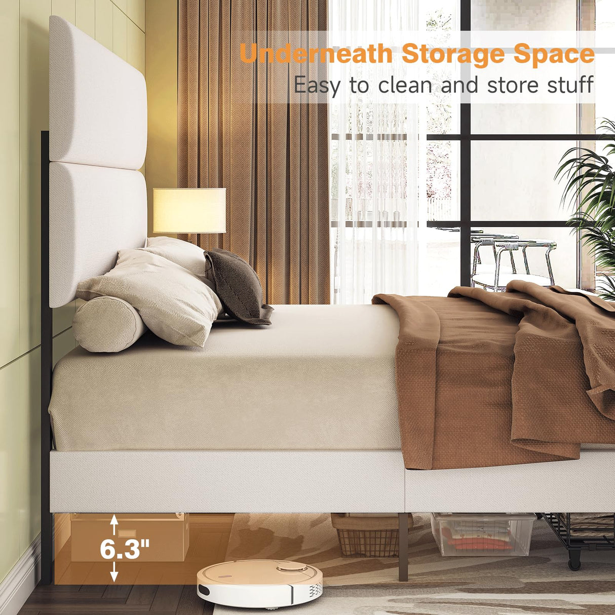 Yumpie Cream Upholstered Queen Bed Frame with Storage Drawers & Adjustable Headboard