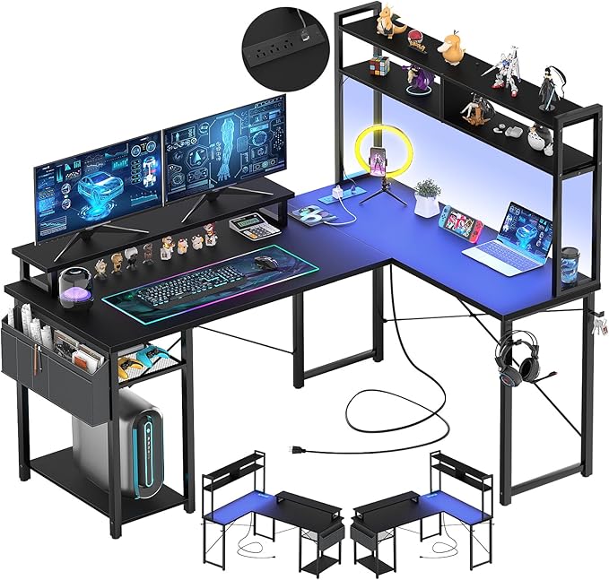 Small L Shaped Gaming Desk with LED Lights & Power Outlets, Reversible L-Shaped Computer Desk with Monitor Stand & Storage Shelf, Corner Desks Home Office Desk with Storage Bag, Rustic Brown