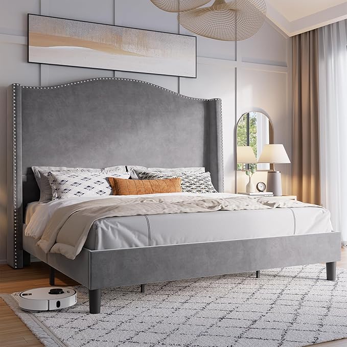 King Platform Bed Frame 53" Tall Headboard Velvet Upholstered Tufted Wingback