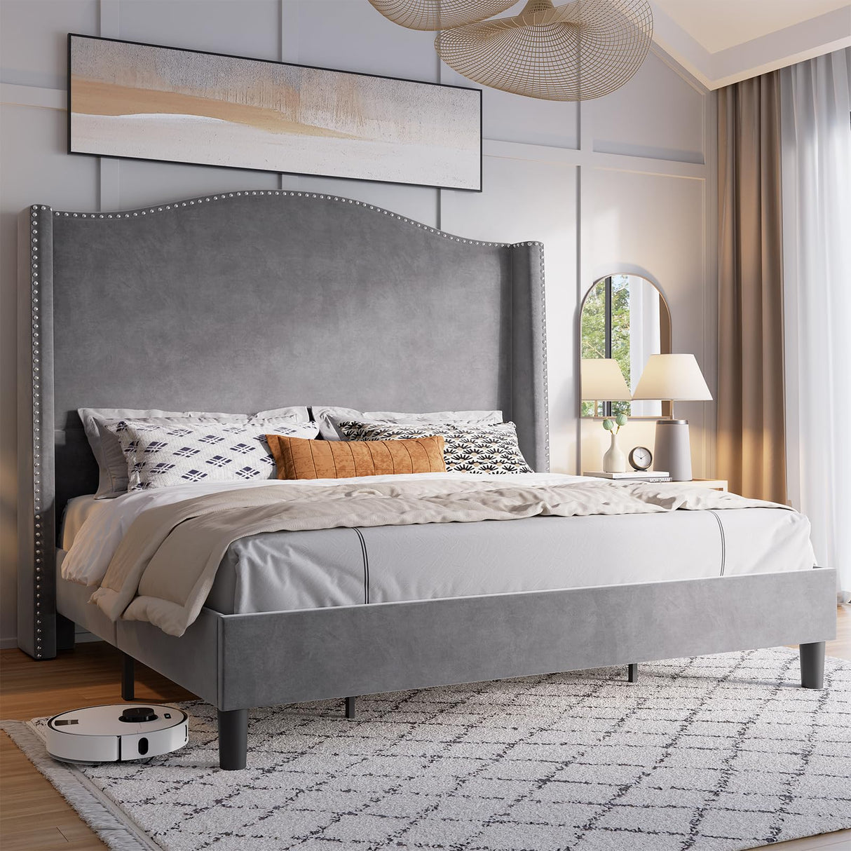 King Platform Bed Frame 53" Tall Headboard Velvet Upholstered Tufted Wingback