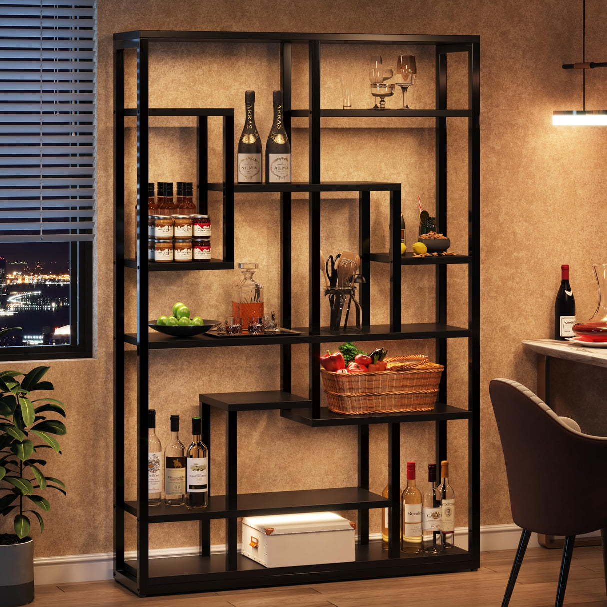 Black Bookshelf 47” Bookcase 9 Tier Tall Book Shelf Rustic Geometric Bookcase Display Shelf Organizer with Open Storage Shelf for Living Room, Industrial Wood Metal Bookshelf for Office