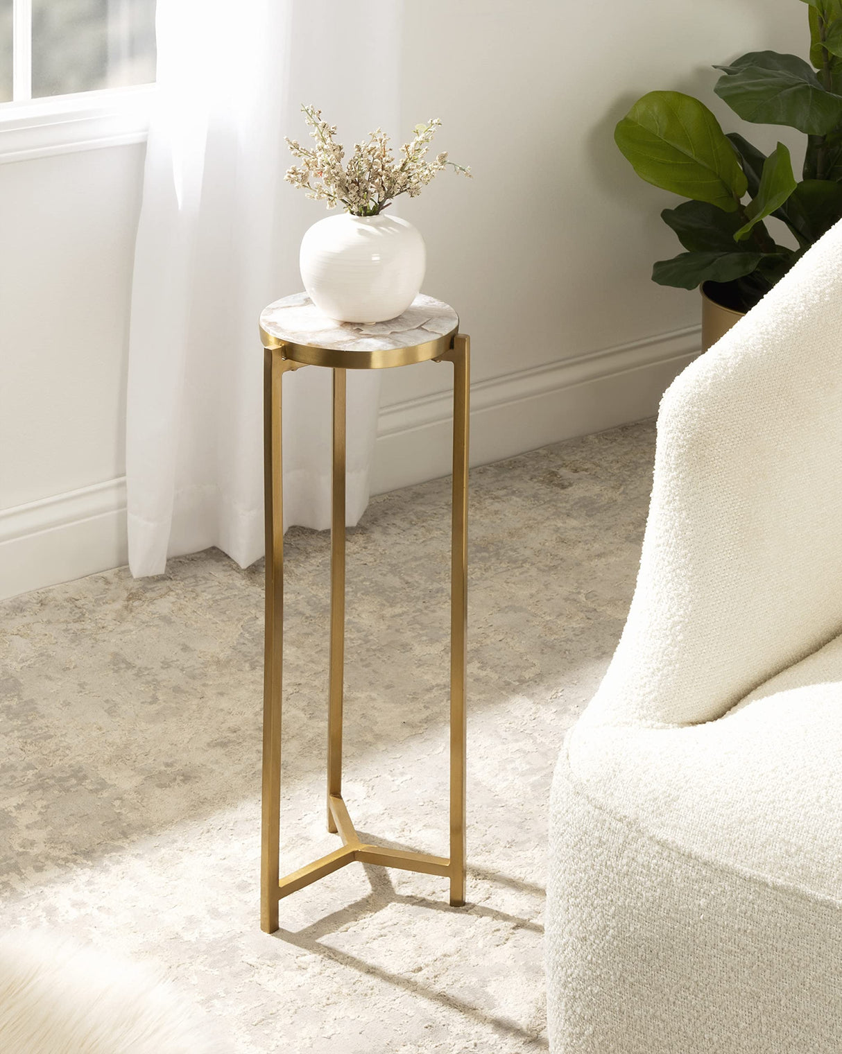 Aguilar Modern Drink Table, 9 x 9 x 23, Natural Stone and Gold, Genuine Quartz Accent Table