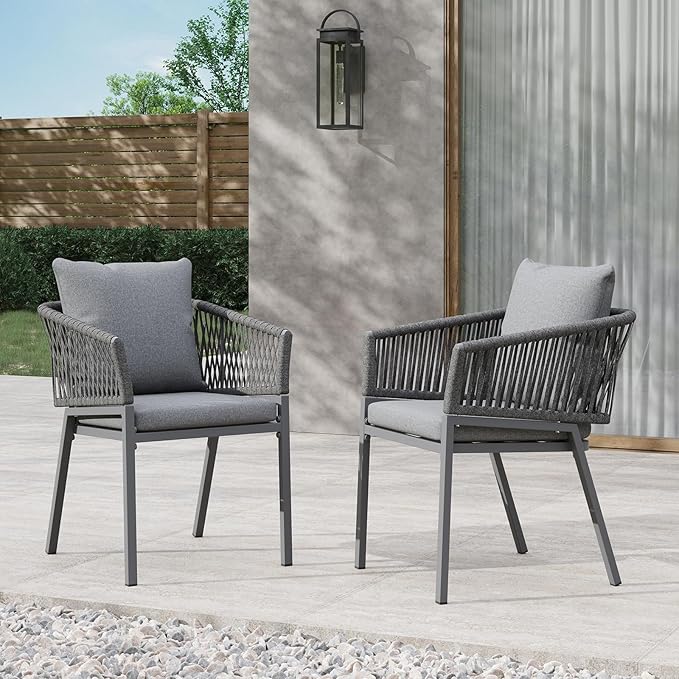 Patio Dining Chairs Set of 2, Outdoor Aluminum Dining Chairs with Woven Rope