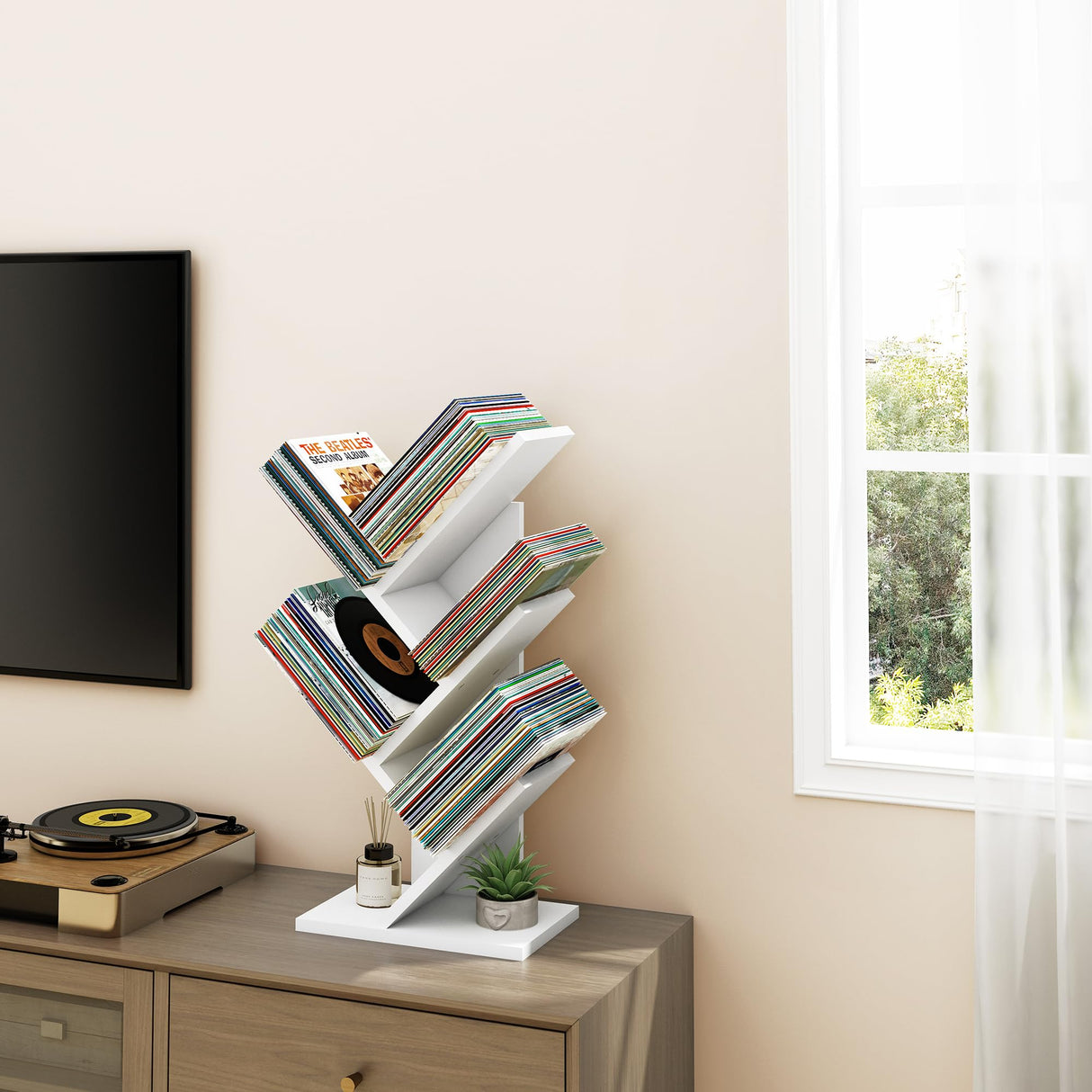 Hoctieon 4 Tier Tree Bookshelf, Small Bookcase, Free Standing Tree Bookcase, Bookshelf for Bedroom, Book Shelf Organizer, Small Bookshelf, White