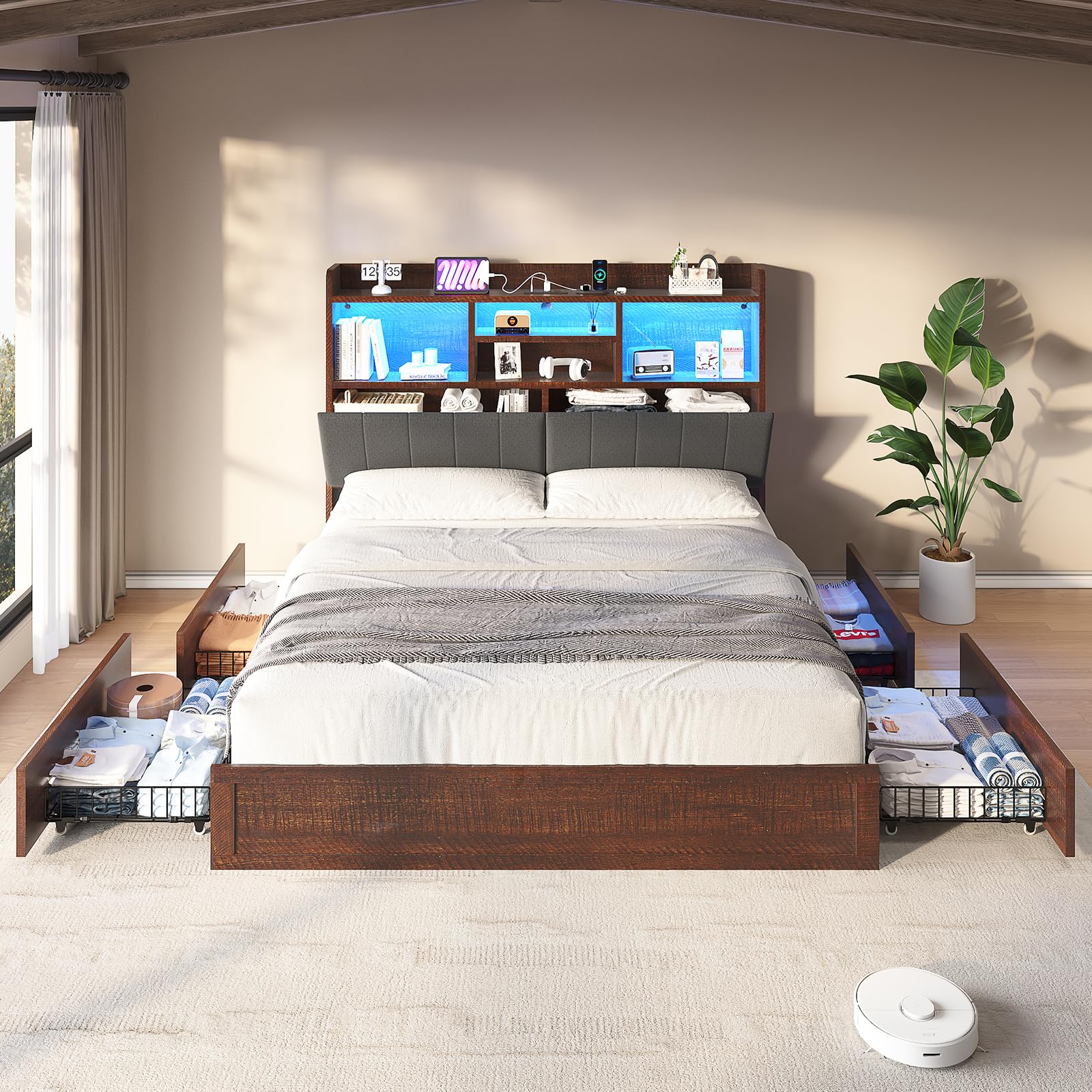 LUXOAK King Farmhouse Bed Frame with Bookcase Headboard and 4 Drawers, LED Storage Bed with Charging Station & Linen Upholstered, No Box Spring Needed, Reclaimed Barnwood