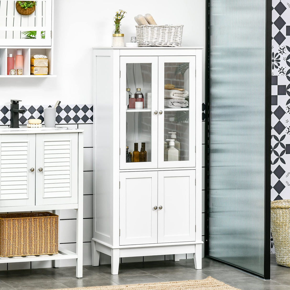 Bathroom Floor Cabinet with 2 Storage Cabinets, Tempered Glass Door