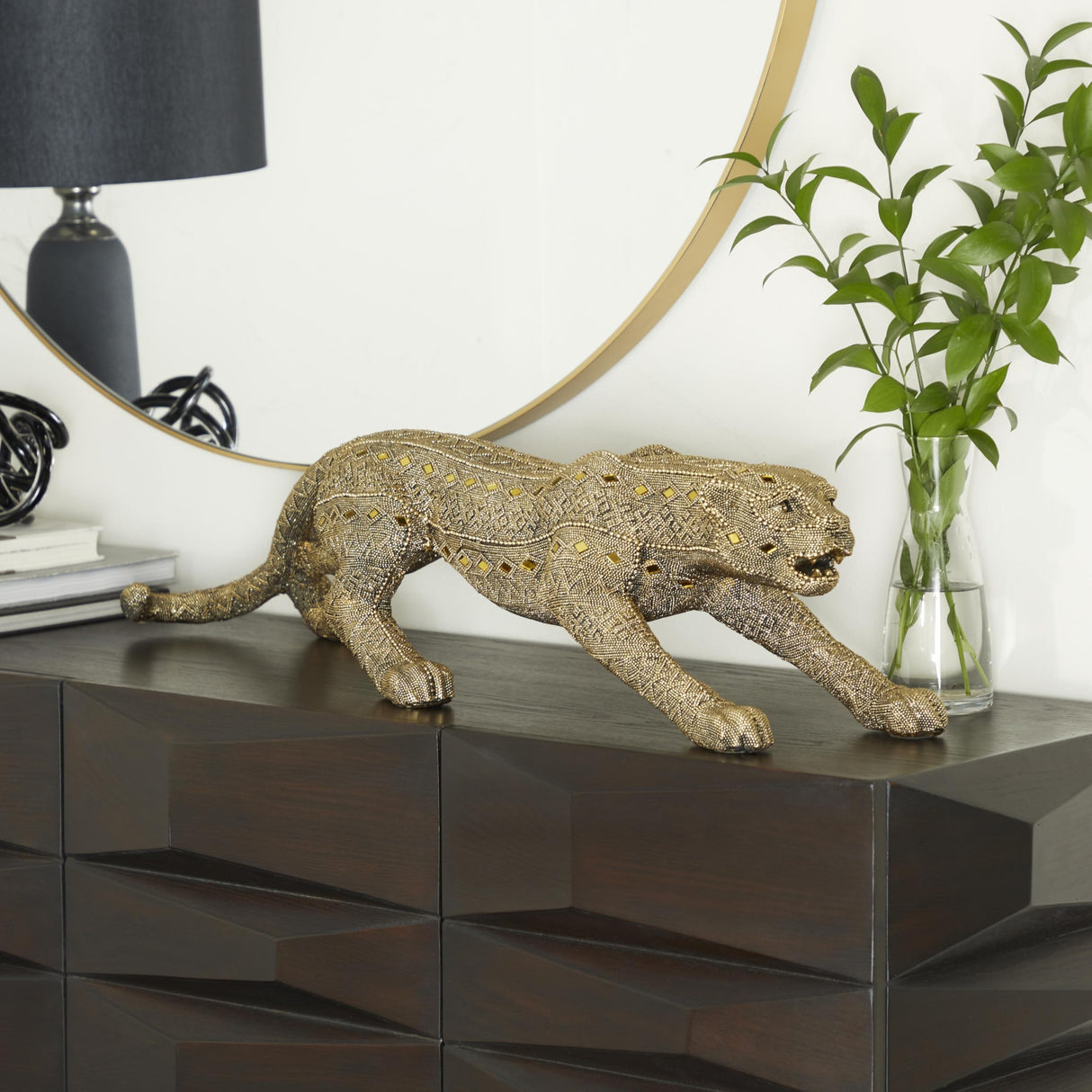 Polystone Leopard Decorative Sculpture Carved Encrusted Beading Home Decor Statue