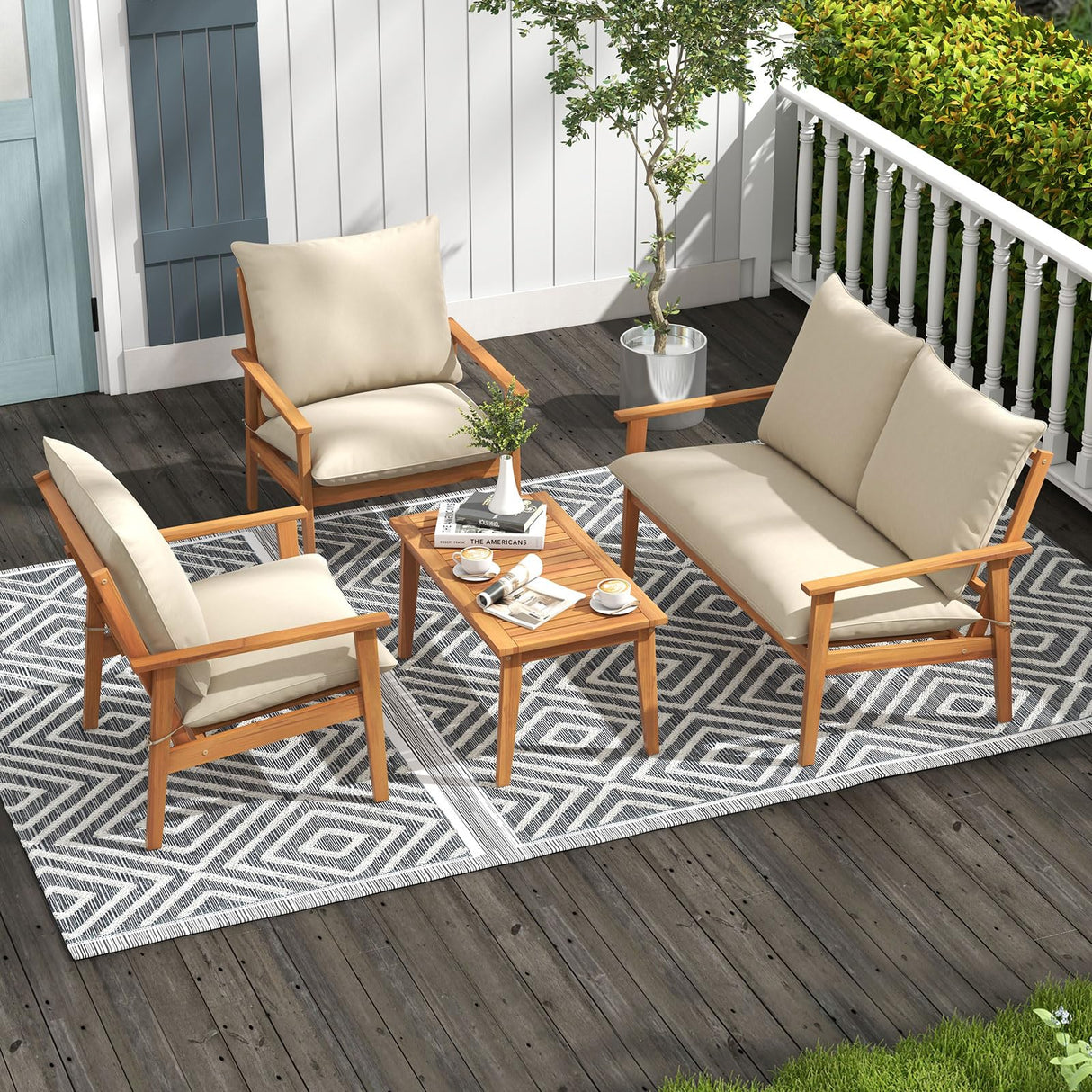 4 Pieces Patio Furniture Set, Outdoor Acacia Wood Conversation Set
