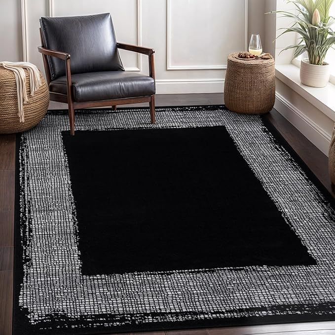 Black Area Rug 5x7 Easy-Cleaning Non-Shedding Bordered for Living Room Bedroom Dining Room Black/Cream Indoor