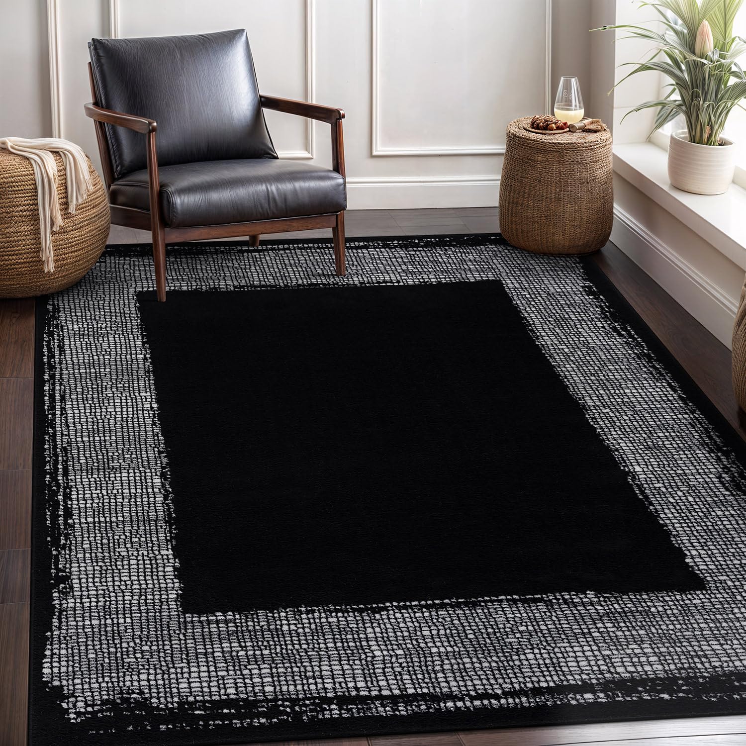 Black Area Rug 5x7 Easy-Cleaning Non-Shedding Bordered for Living Room Bedroom Dining Room Black/Cream Indoor