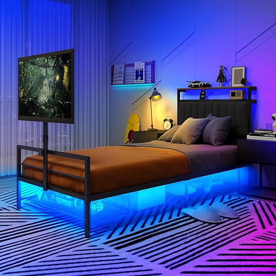 Twin Gaming Bed Frame with LED Lights & Rotating TV Mount