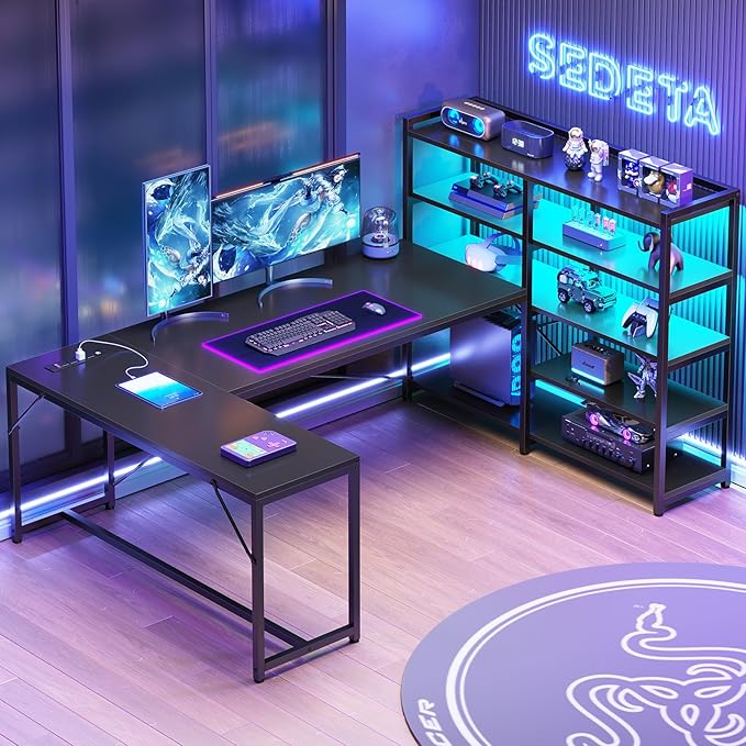 White Corner Desk, 64.5ā Reversible U Shaped Computer Desk with Power Outlet and Bookshelf, Corner Gaming Desk with LED Lights, Storage Shelves for Home Office