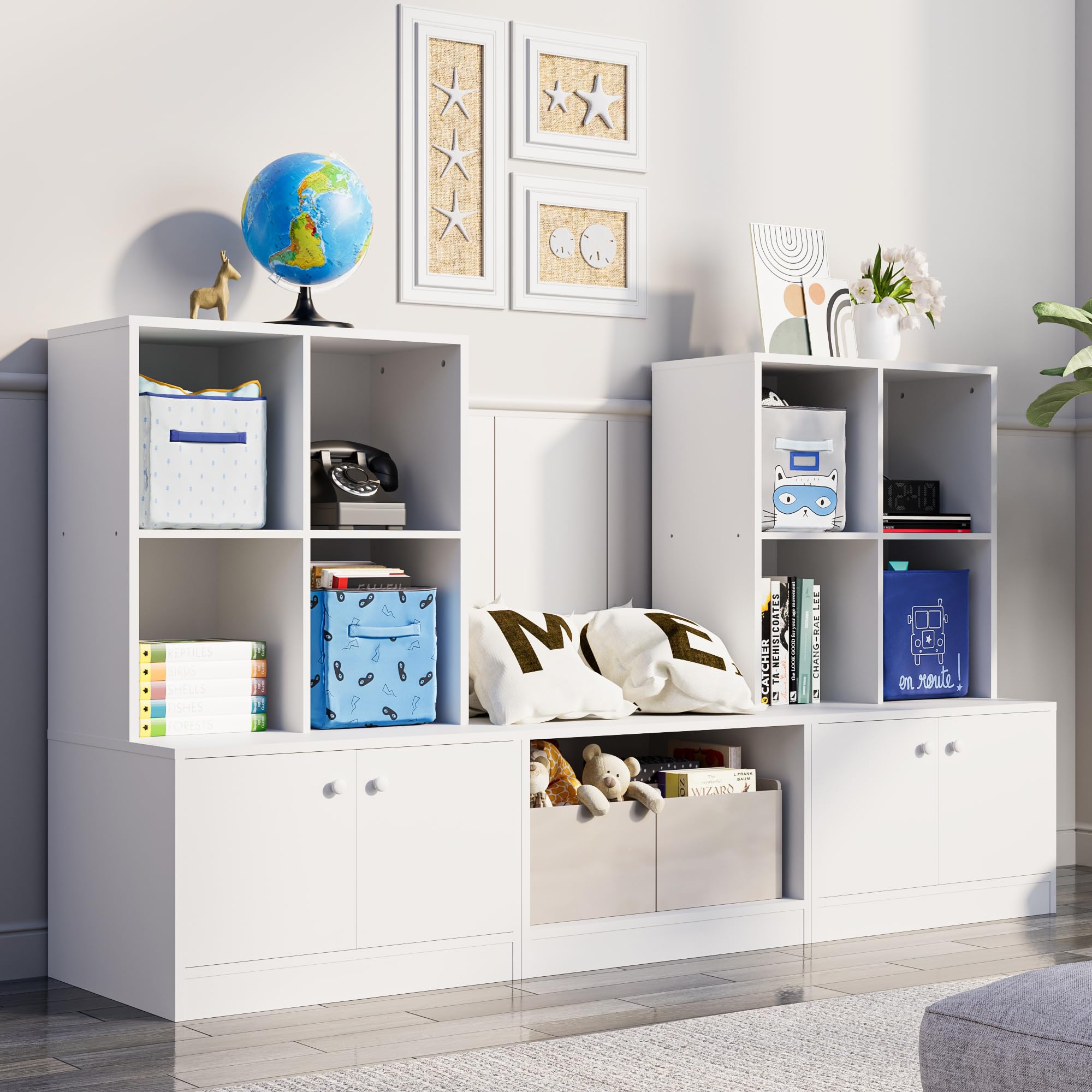 White Bookshelf, 3-Tier Bookcase with 4 Doors and 8 Cubes