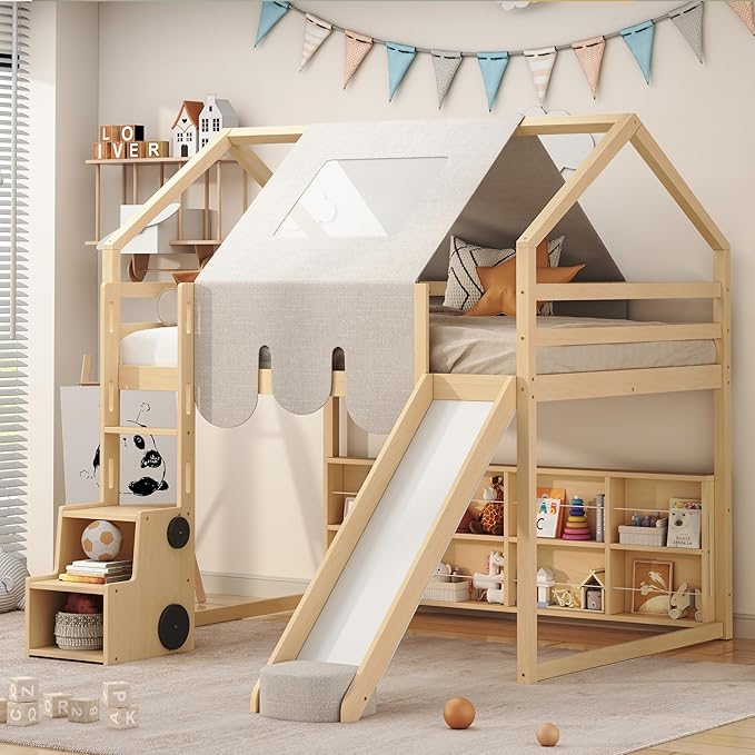 Kids House Loft Bed with Slide, Twin Size Low Loft Bed with LED Lights & Blackboard