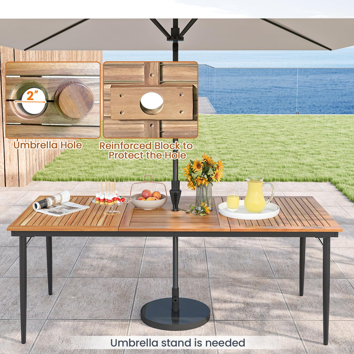 Outdoor Dining Table for 6-8 People, Rectangular Eating Table with 2 inch Umbrella Hole