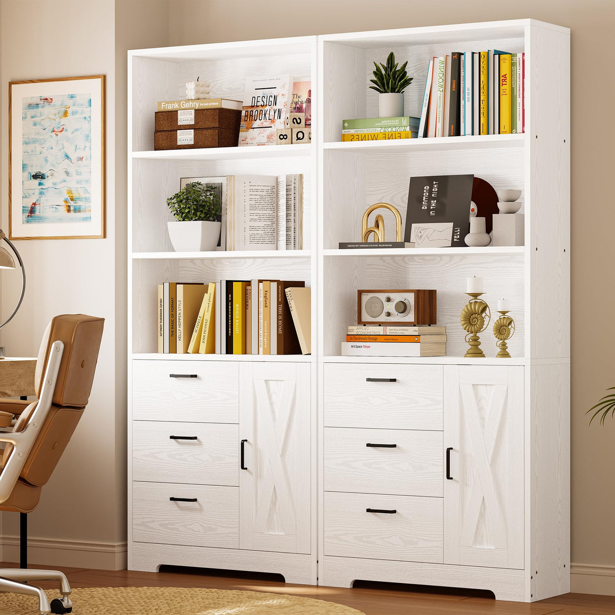 Bookshelf with Door and 3 Drawers, 71in Tall Bookcase Shelf with 3-Tier Shelves
