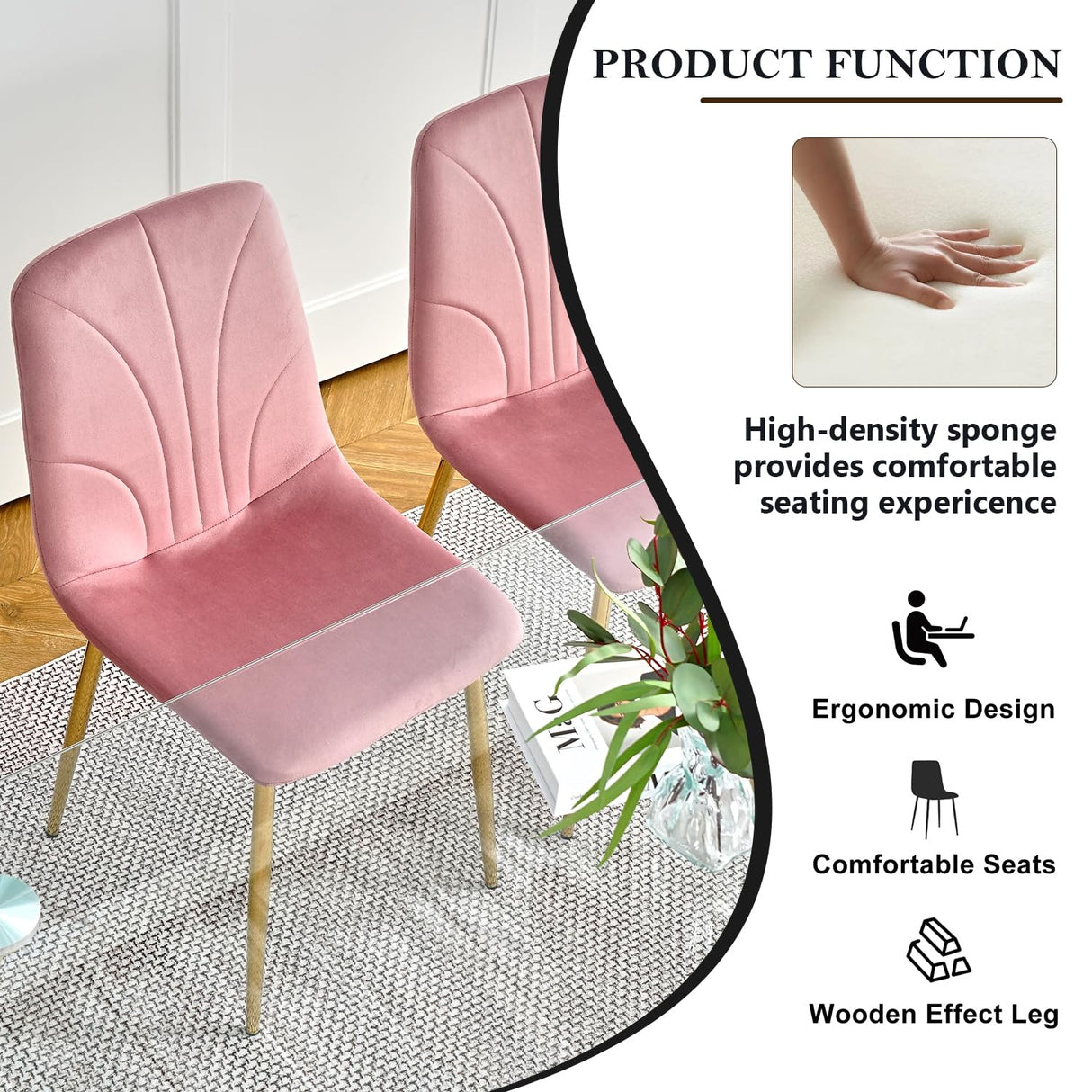 Velvet Dining Chairs Set of 4 - Modern Pink Upholstered Kitchen Chairs with Metal Legs