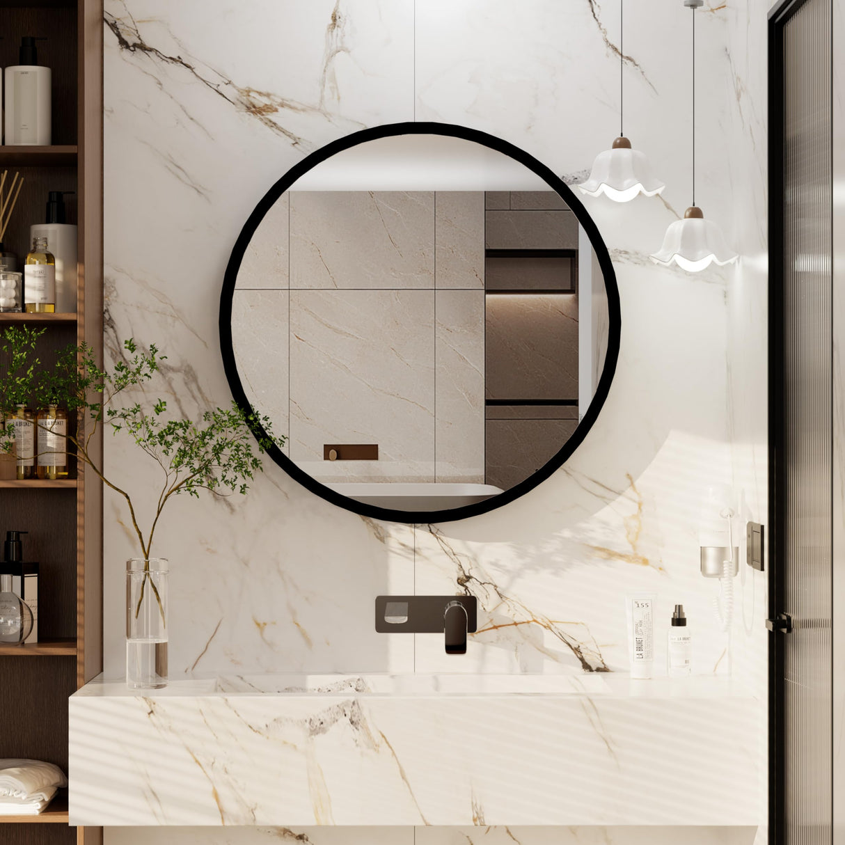 Round Medicine Cabinet Mirror, Bathroom Mirror Wall Cabinet with Storage and Shelf