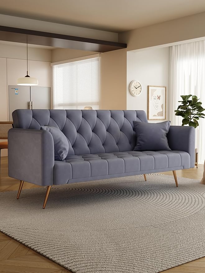 Velvet Futon Sofa Bed with 2 Pillows, Convertible Sleeper Sofa Couch