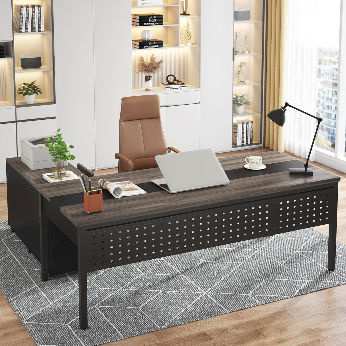 70.8" Executive Desk with Lateral File Cabinet, Modern Thickened Wooden Workstation L-Shaped Computer Desk Large Home Office Writing Desk for Home Office
