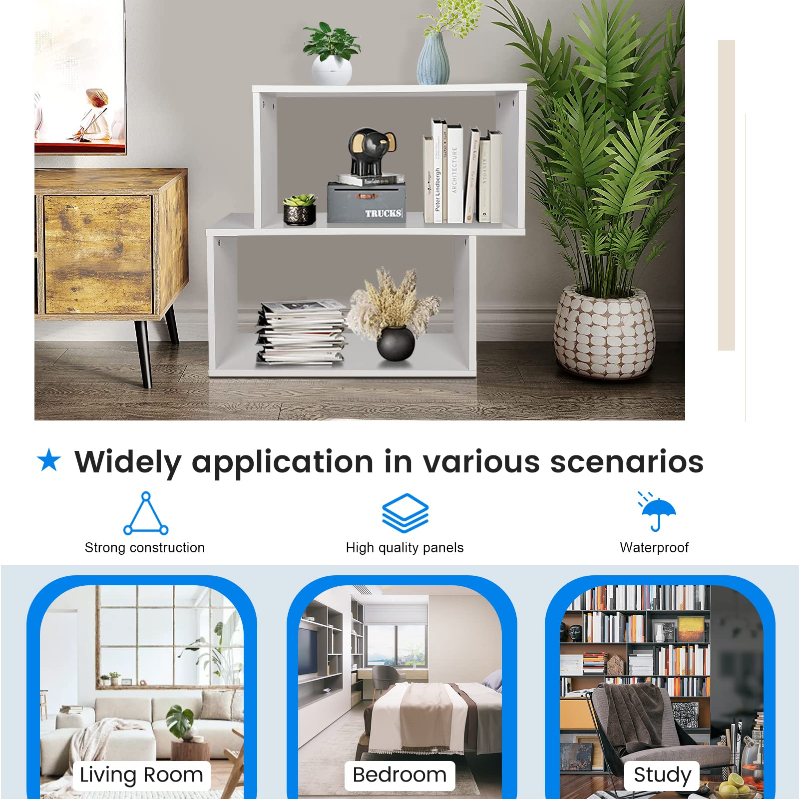 3-Tier Geometric Bookshelf White, 28’’ Tall Wood S-Shaped Display Shelves