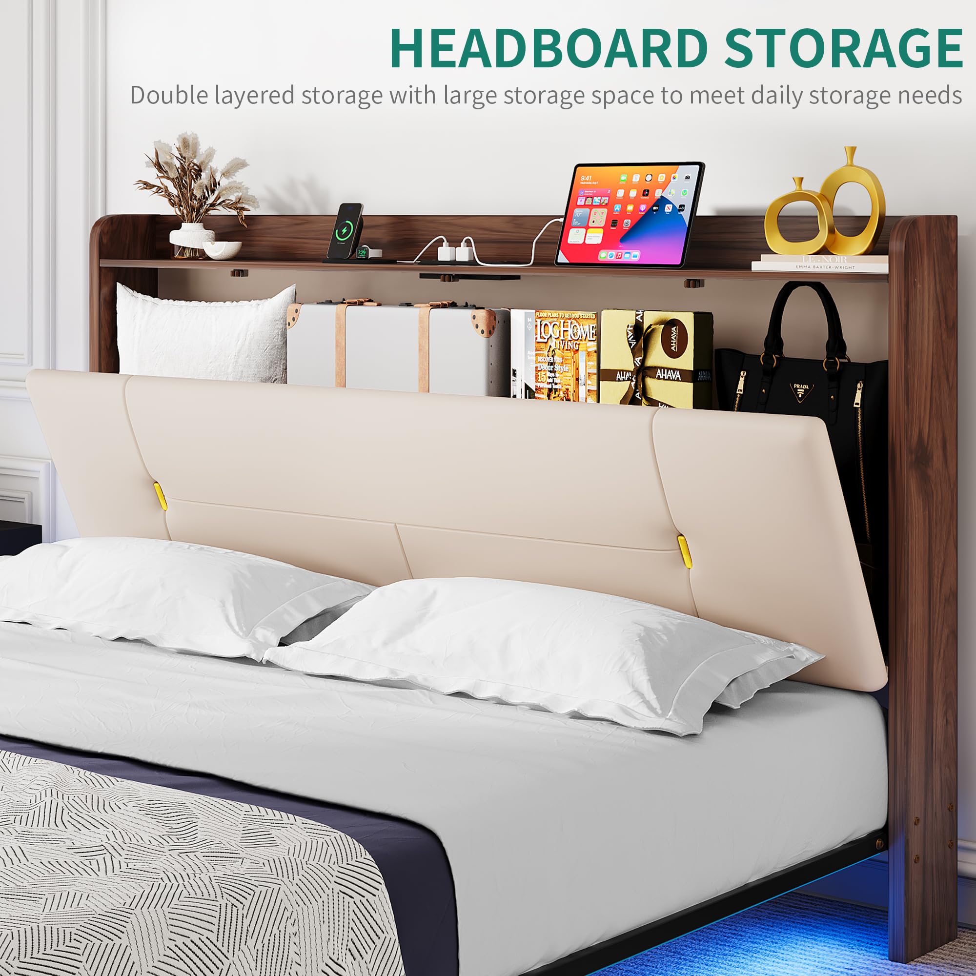YITAHOME Queen Size Floating Bed Frame with RGB LED Lights Storage Headboard, Upholstered Platform Bed with USB-C/A Charging Station, No Box Spring Required, Light Gray (Beige)