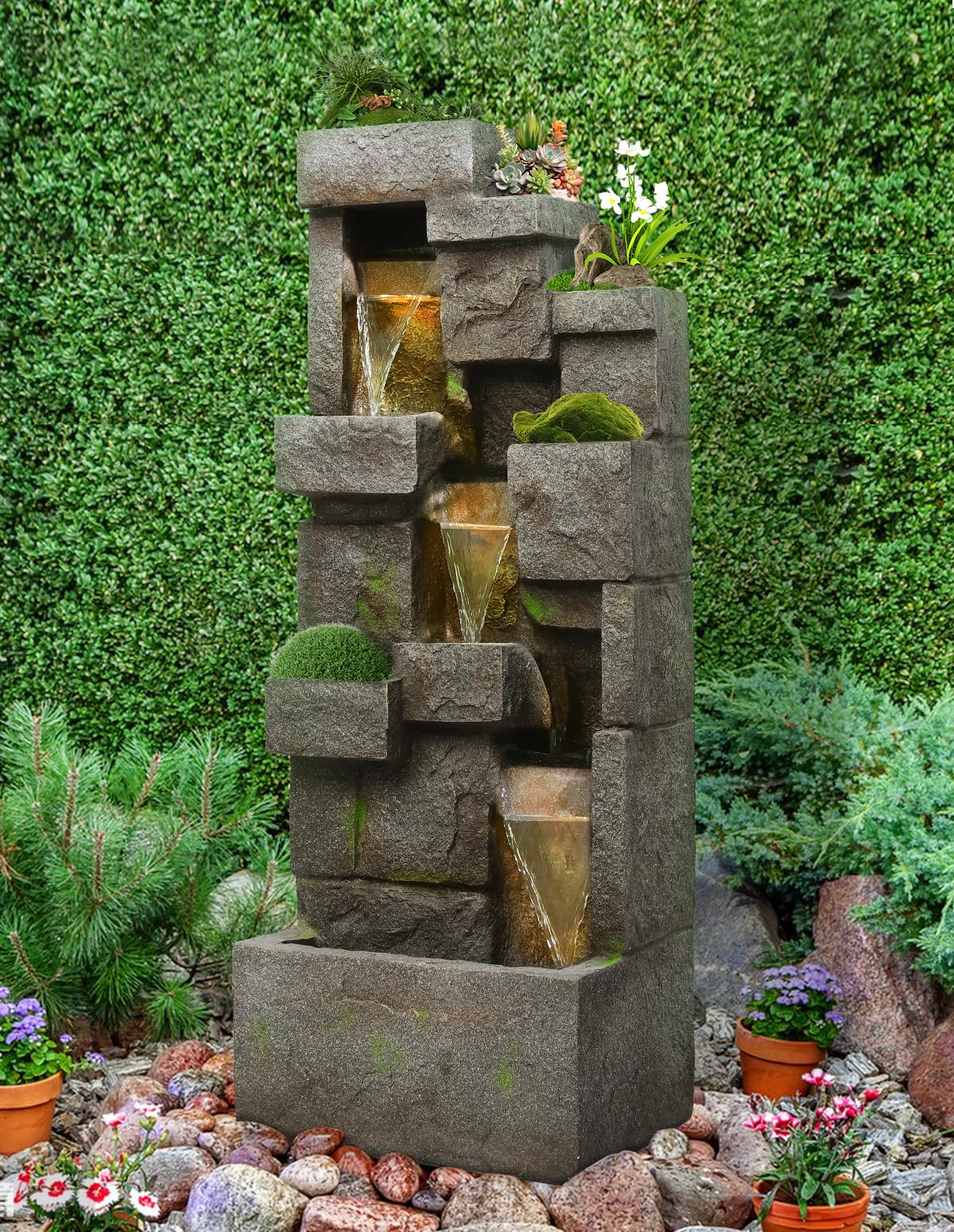 41.7" Outdoor Water Fountain Modern Floor-Standing Garden Tall 3 Tier Waterfall Fountain