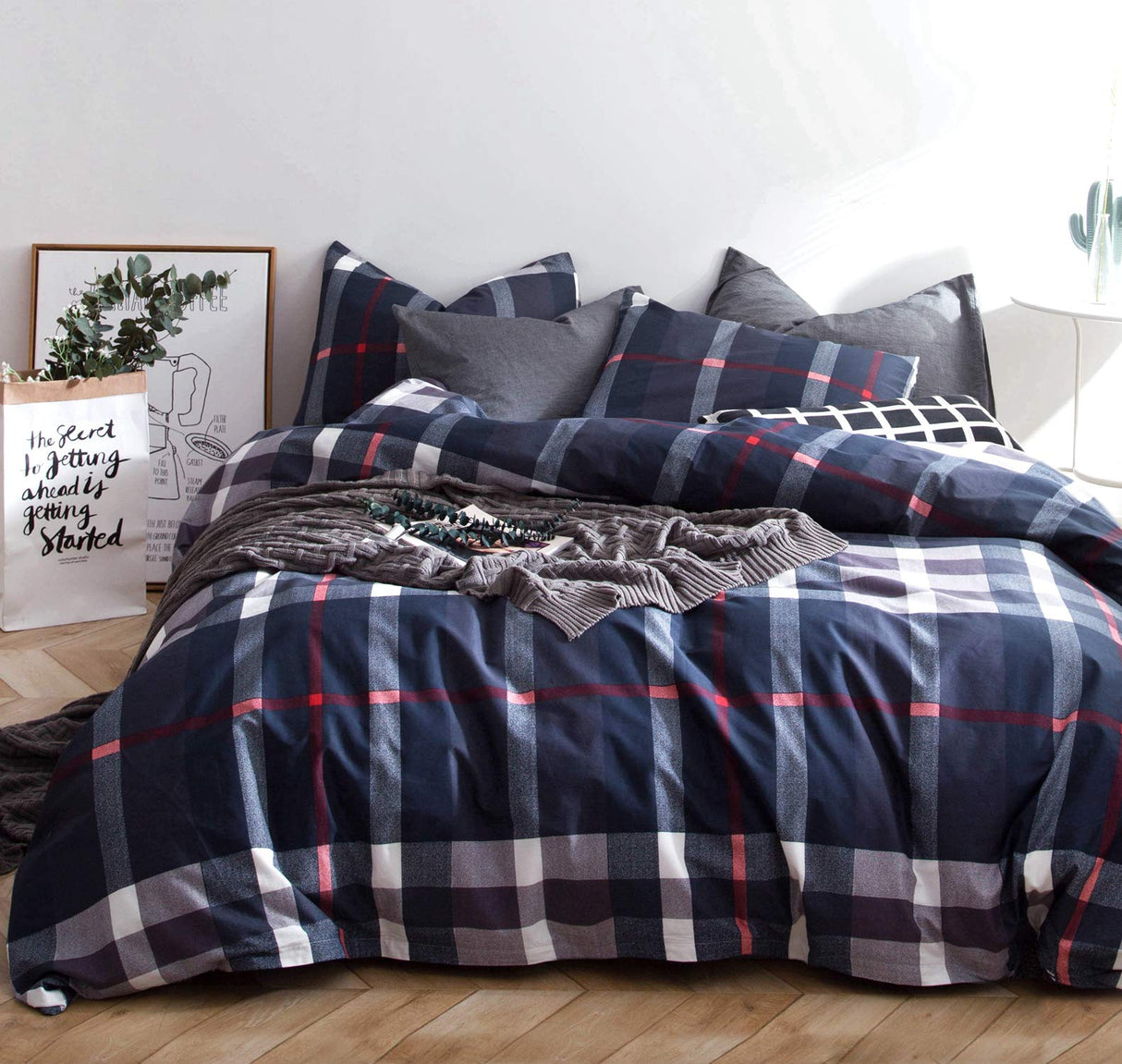 Plaid Duvet Cover Queen 100% Cotton Navy Blue Tartan Grid Duvet Cover 3 Pieces Set 1 Soft Checkered Gingham