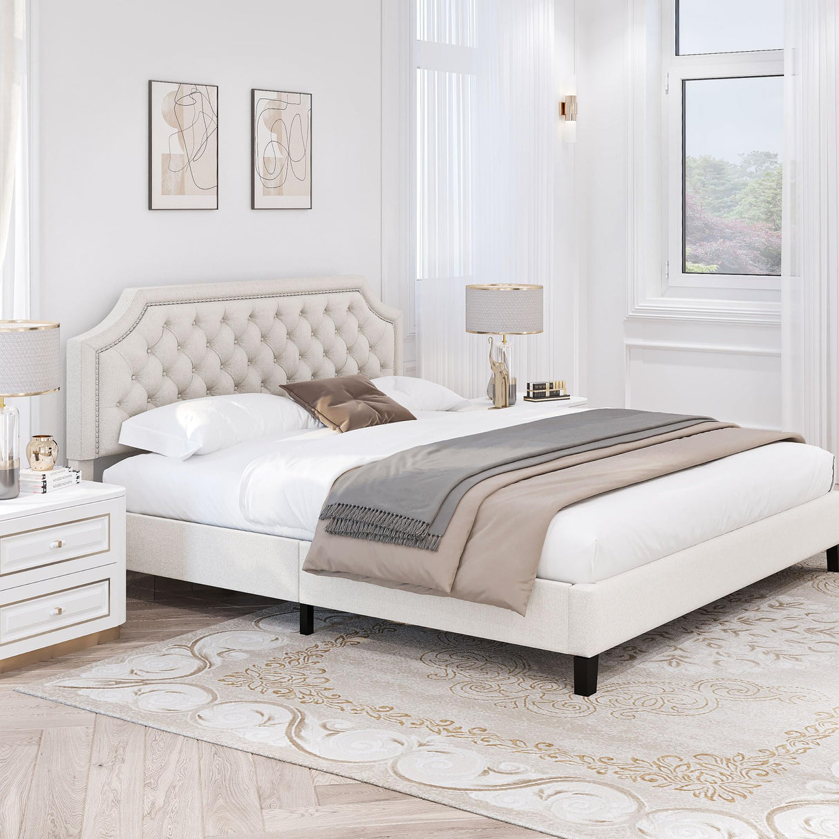 King Size Bed Frame with Adjustable Headboard, Beige Linen Upholstered Platform Bed