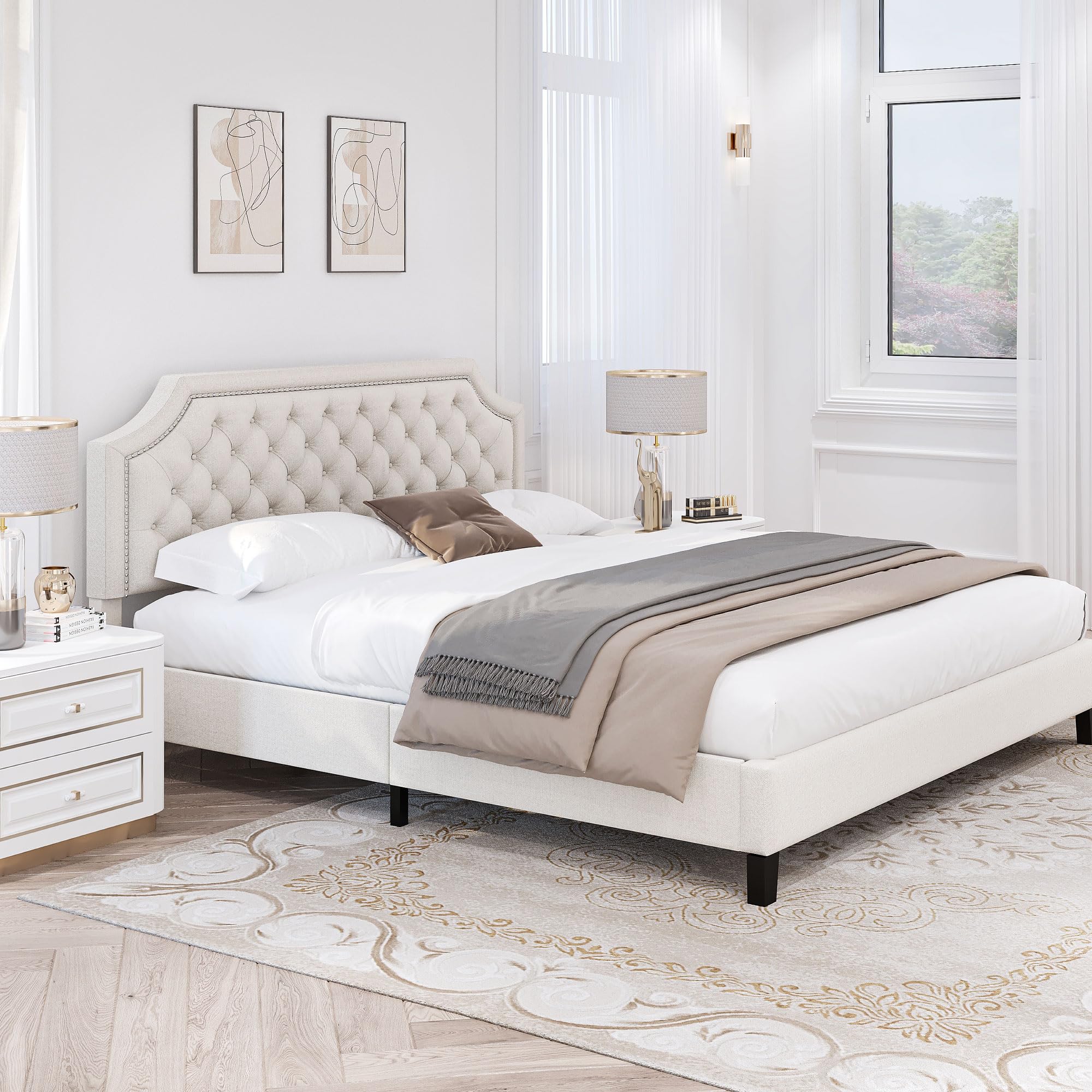King Size Bed Frame with Adjustable Headboard, Beige Linen Upholstered Platform Bed