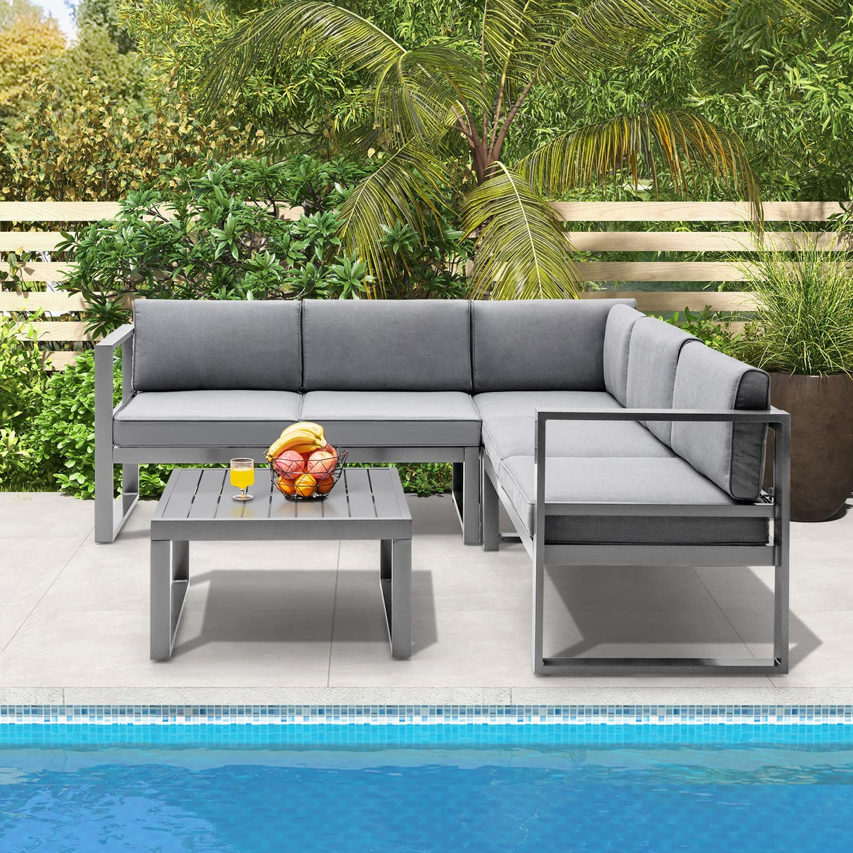 4 Pieces Aluminum Patio Furniture Set, Patiojoy All Weather Heavy Duty Cushioned Outdoor L Shaped Sofa Set