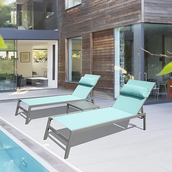 Patio Chaise Lounge Set -3 Pieces Aluminum Adjustable Pool Lounge Chairs
