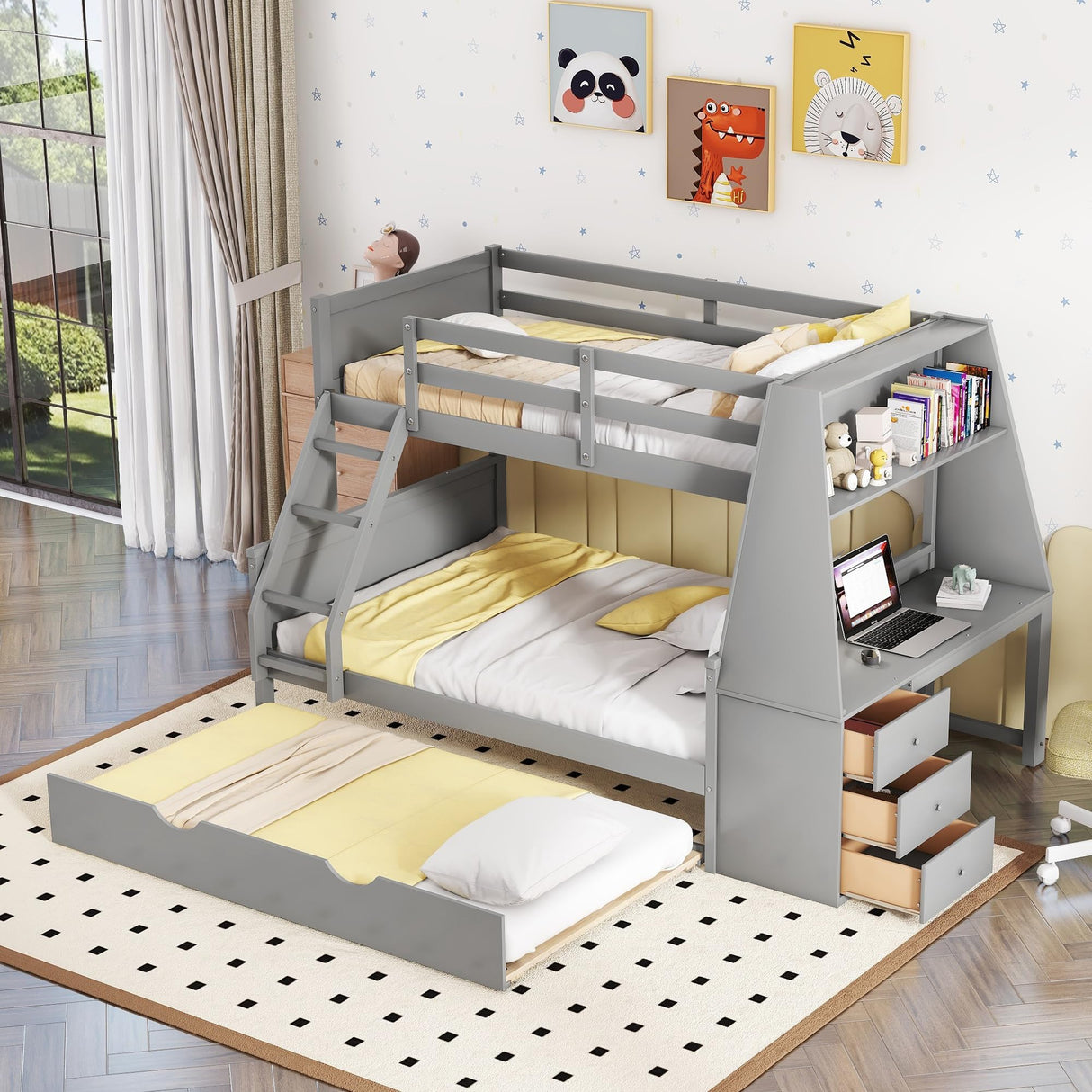 Twin Over Full Bunk Bed with Desk and Trundle