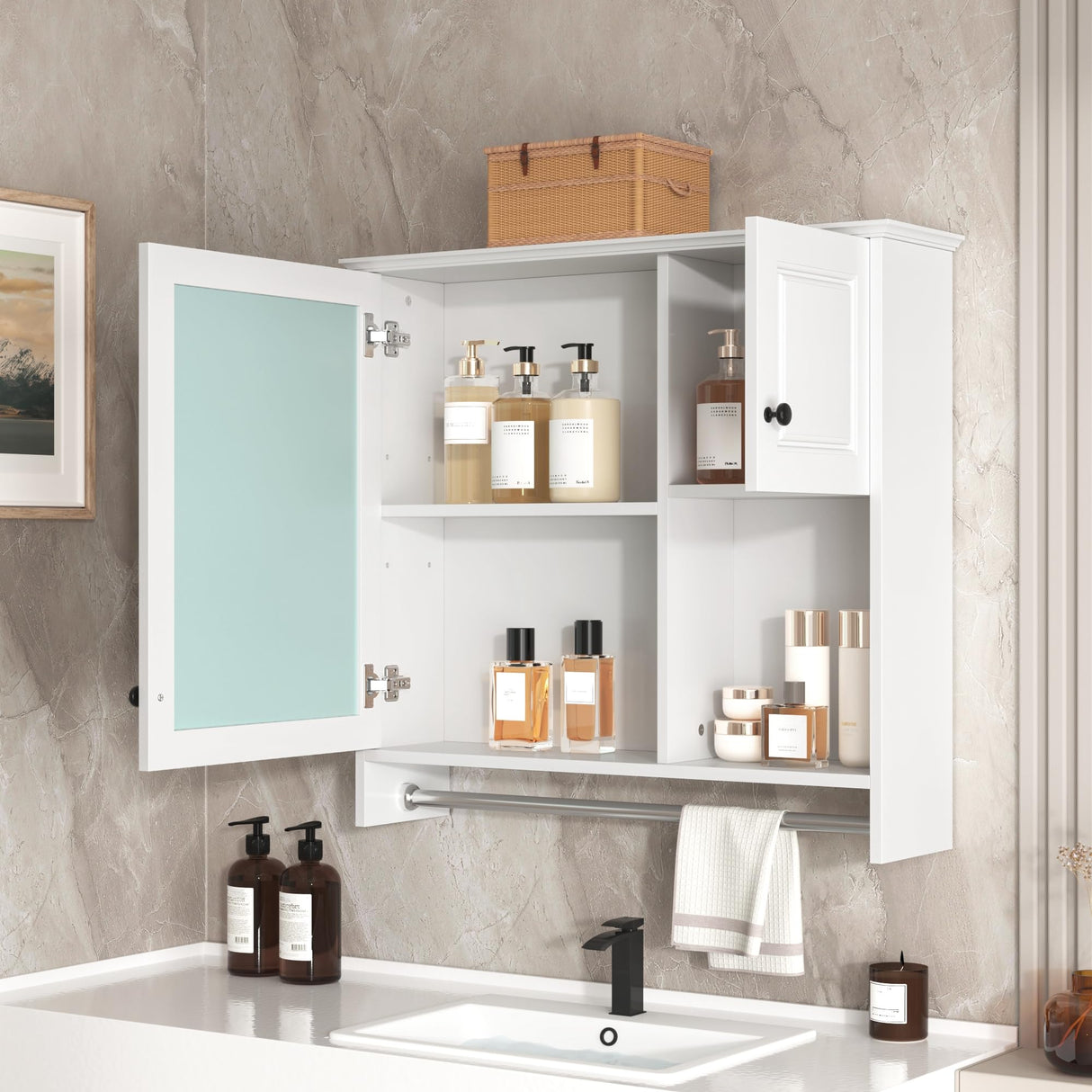 Wall Mount Bathroom Cabinet with Mirror, Open Shelf, and Towel Bar, 30" x 28"