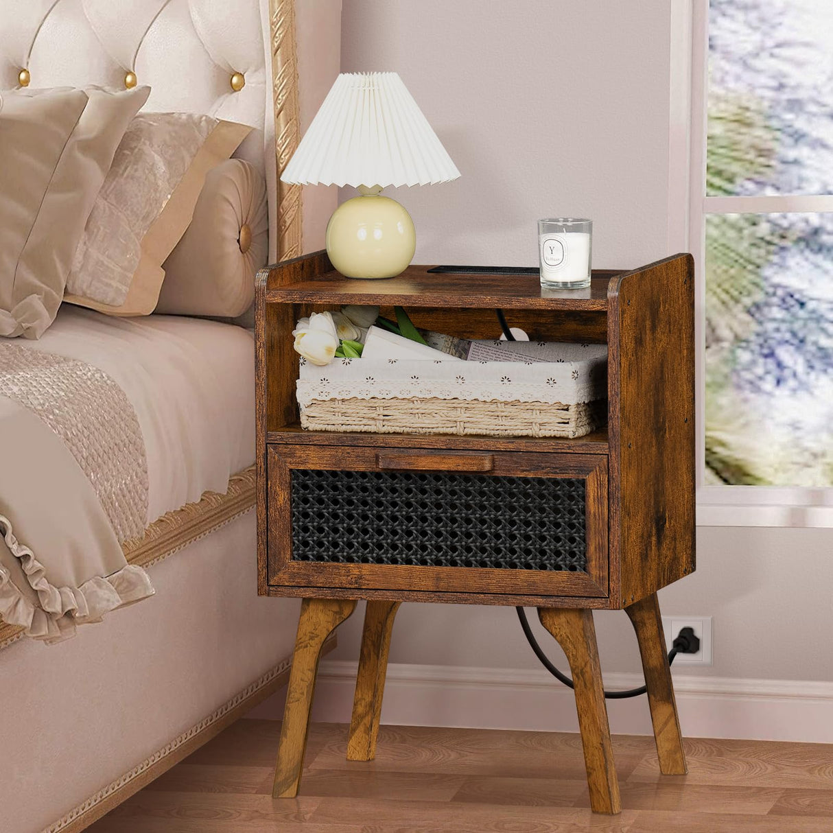 Rattan Nightstands Set of 2 with Charging Station