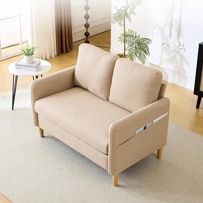 47" Small Couch, Linen Loveseat Sofa Dark Grey Mini Couch Mid Century Modern Decor