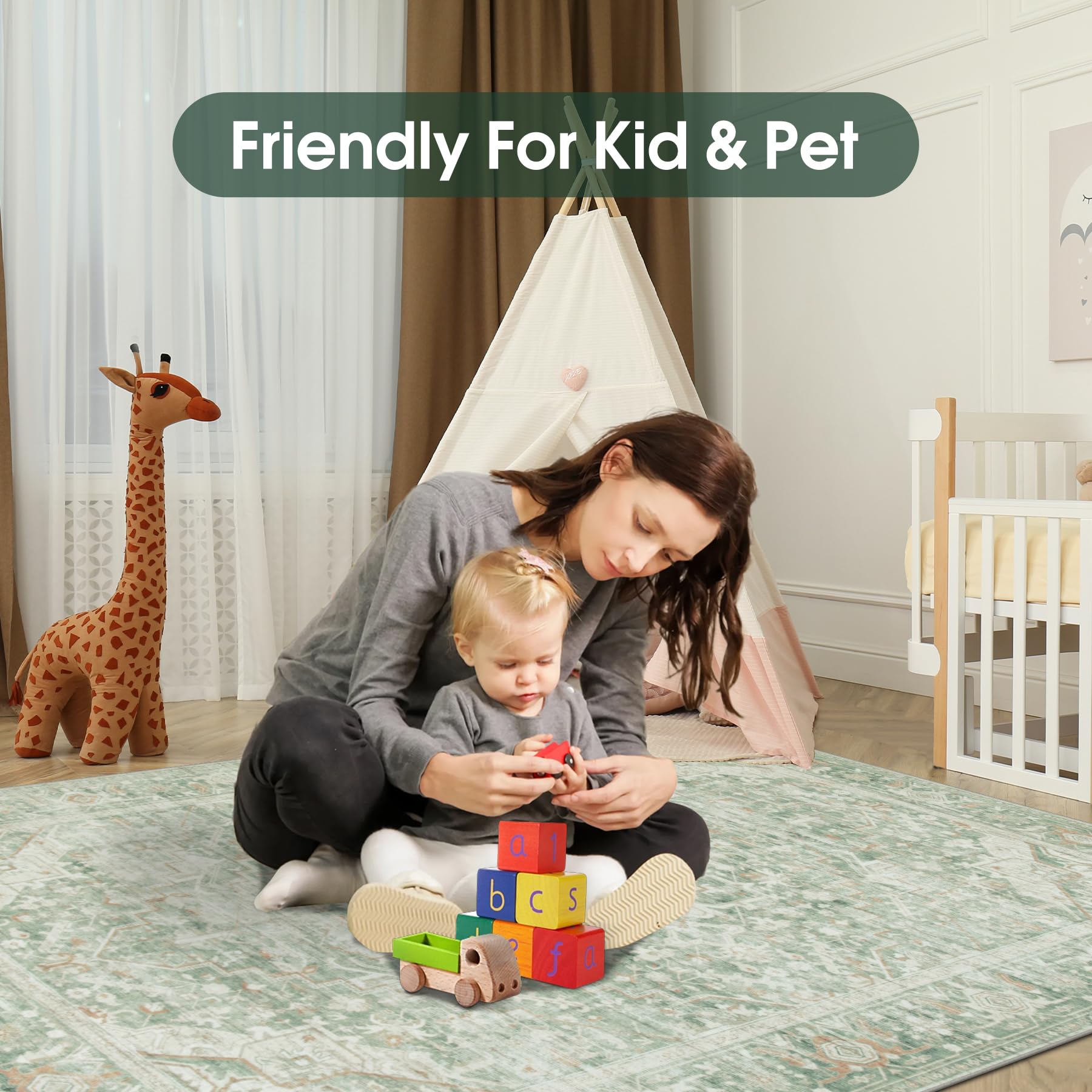 Washable Rugs 8x10 Area Rugs, Soft Vintage Living Room Rug e Nursery Entryway-Green