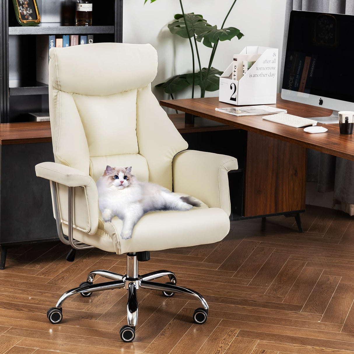 Chair 400LBS,Big and Tall Executive Office Chair for Low Back Pain Relief,Ergonomic High Back Leather Office Chair,Computer Chair (Cream)