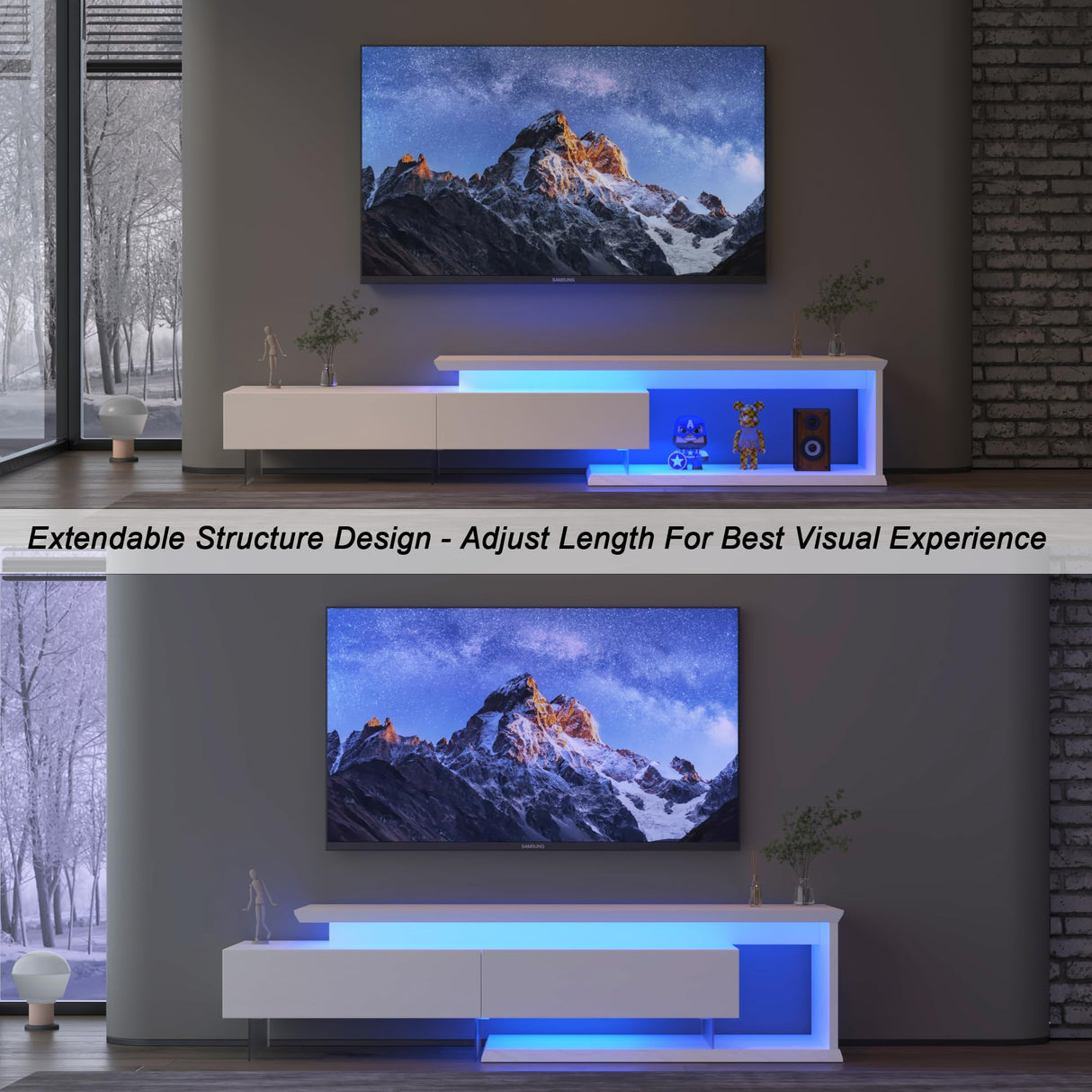 TV Console Extendable LED TV Stand with Remote Control & Storage Cabinets, Changing