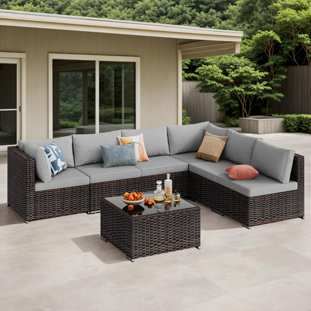 7 Pieces Outdoor Patio Furniture Set, PE Rattan Outdoor Wicker Sectional Furniture Sofa
