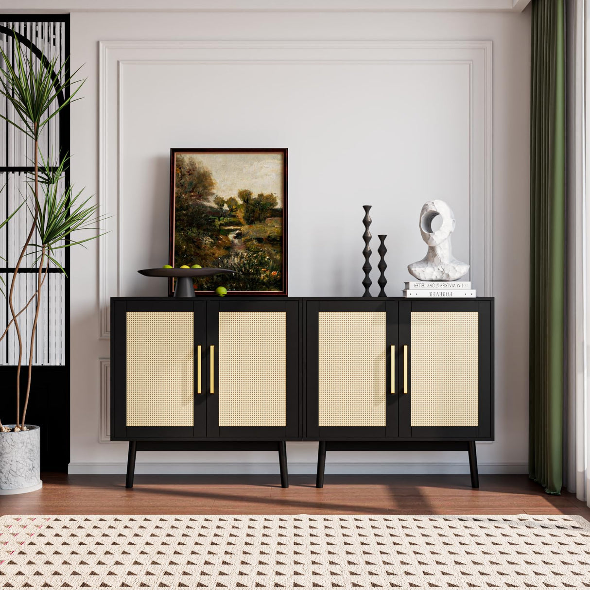 Buffet Cabinet, Rattan Cabinet, Set of 3, Storage Cabinet with 2 Doors