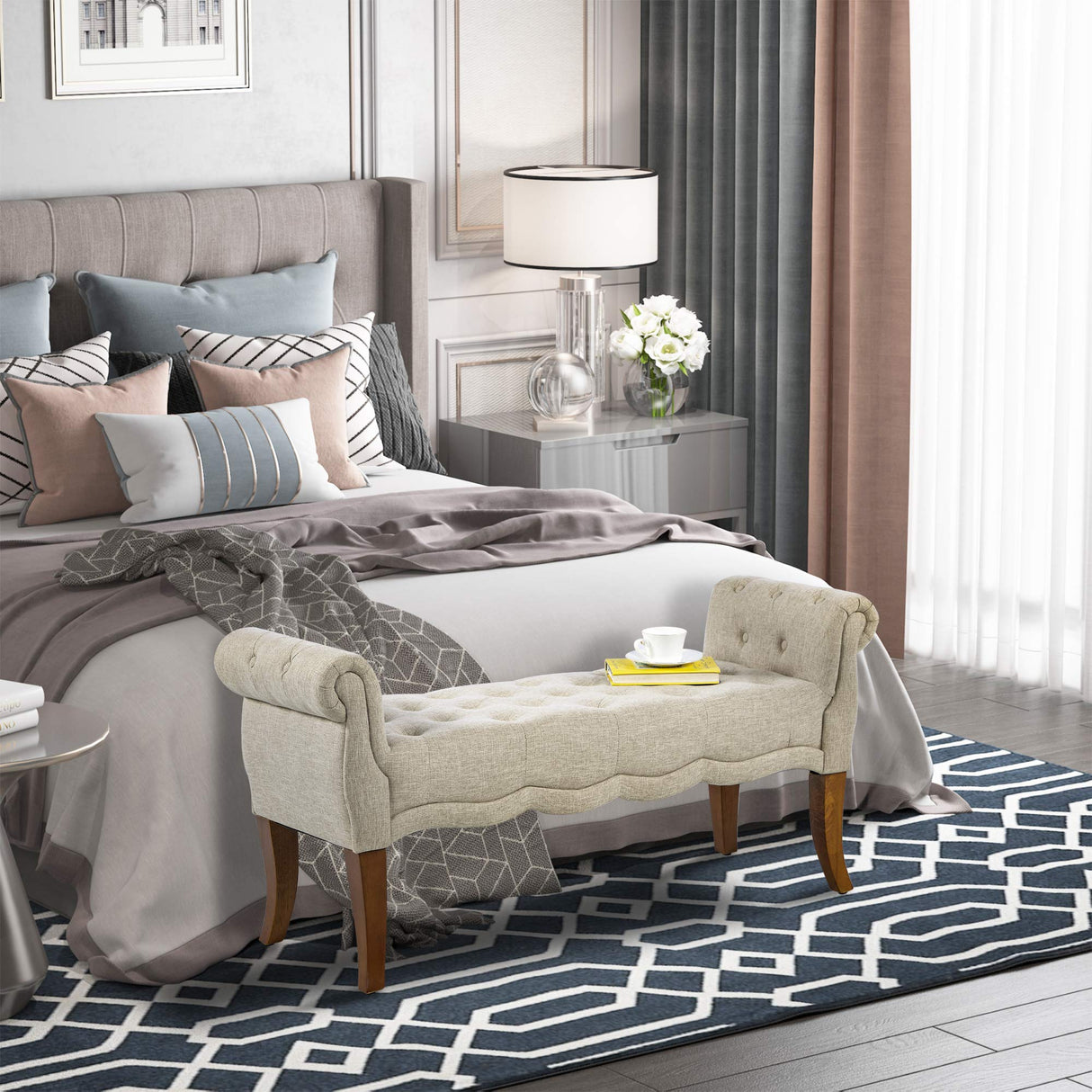 Traditional Style End of Bed Bench, Upholstered Entryway Bench